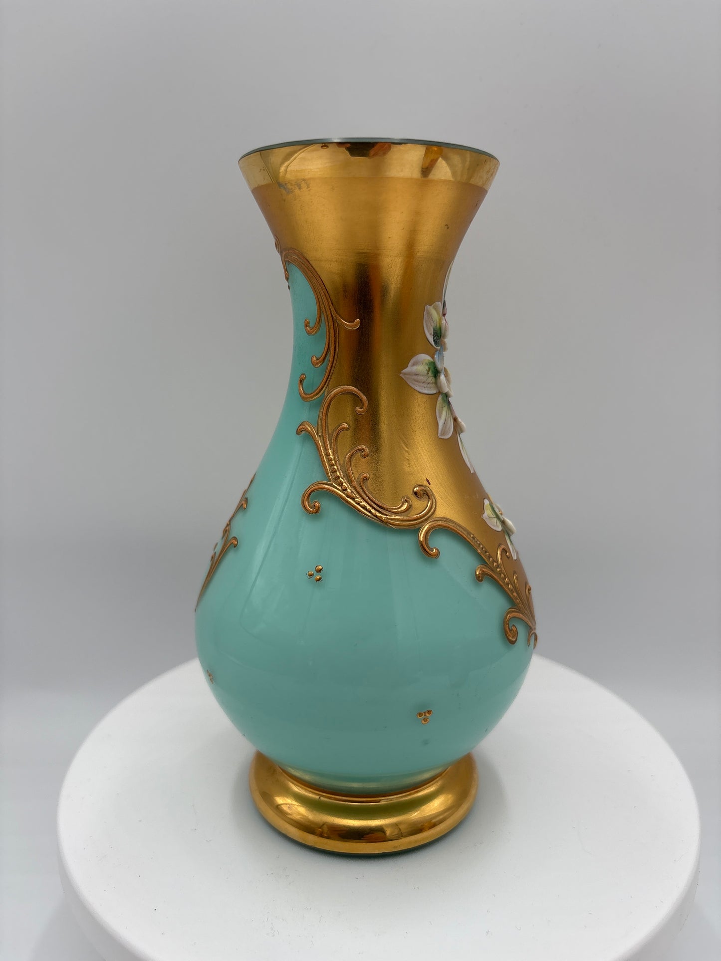 Vintage Bohemia krystal med Guld og Enamel, Vase , Lyseblå, 16cm