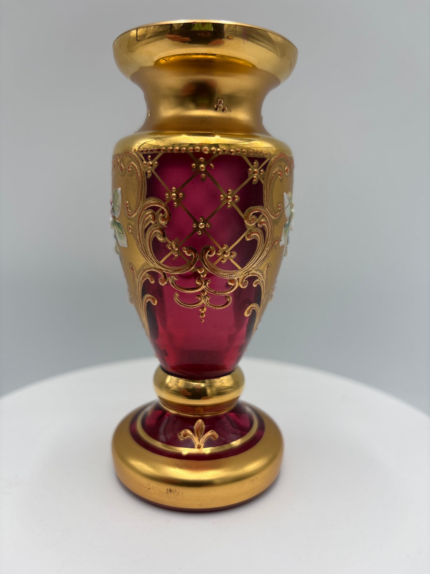 Vintage Bohemia krystal med Guld og Enamel-Vase på fod(1)-rød-12cm