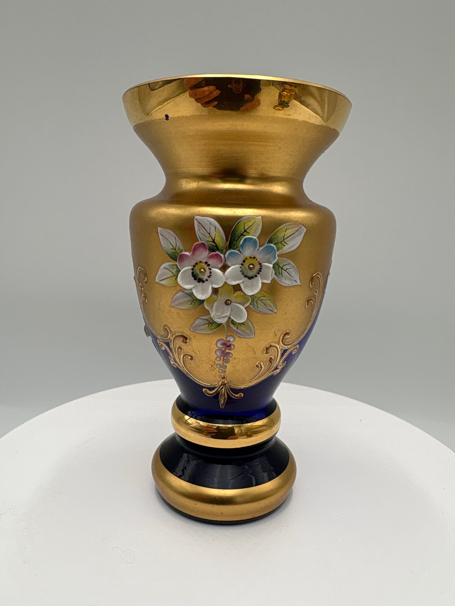 Vintage Bohemia krystal med Guld og Enamel-Vase på fod-Blå-12cm