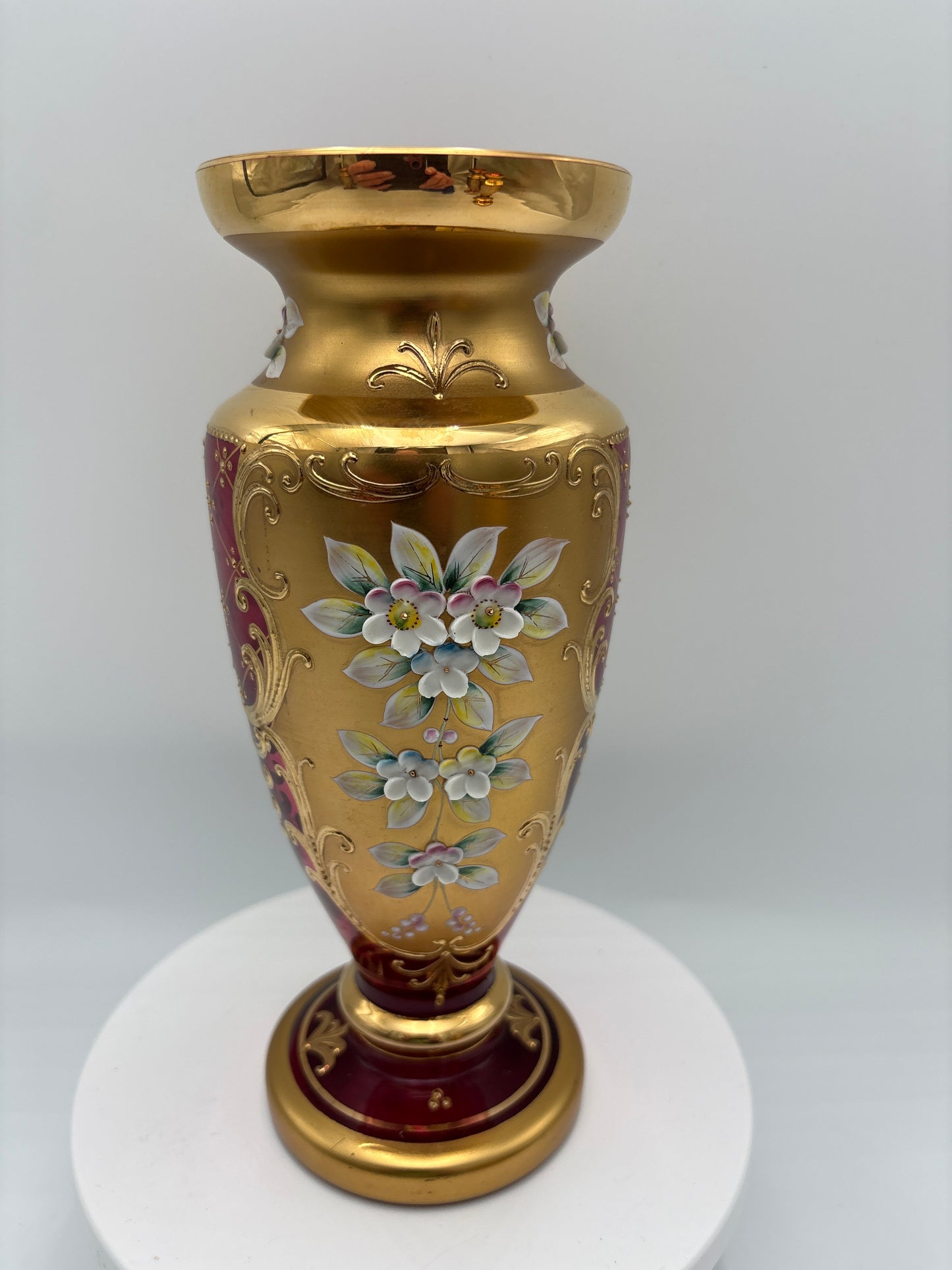 Vintage Bohemia krystal med Guld og Enamel-Vase på fod-Rød(4)-22cm