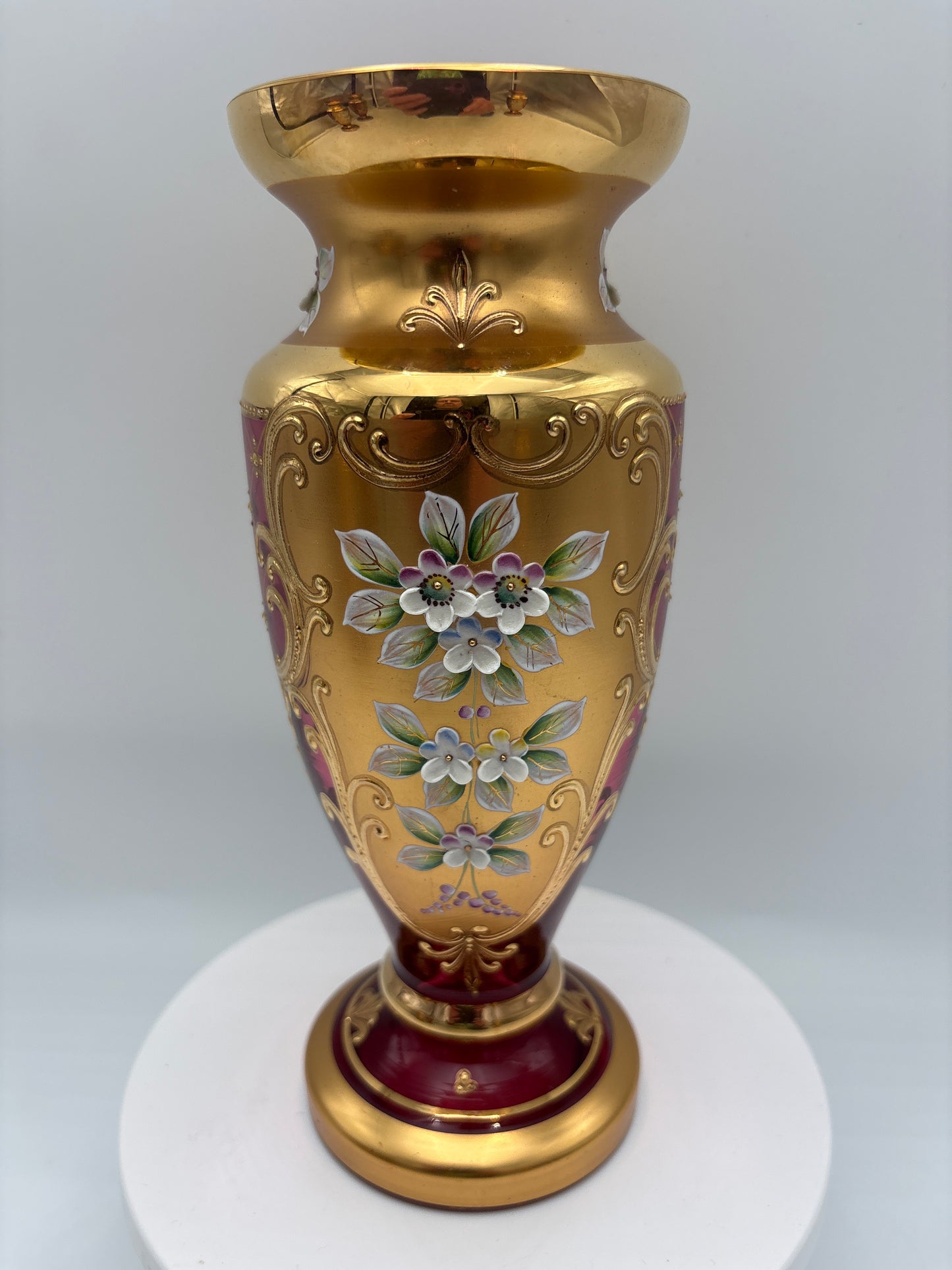 Vintage Bohemia krystal med Guld og Enamel-Vase på fod-Rød(2)-22cm