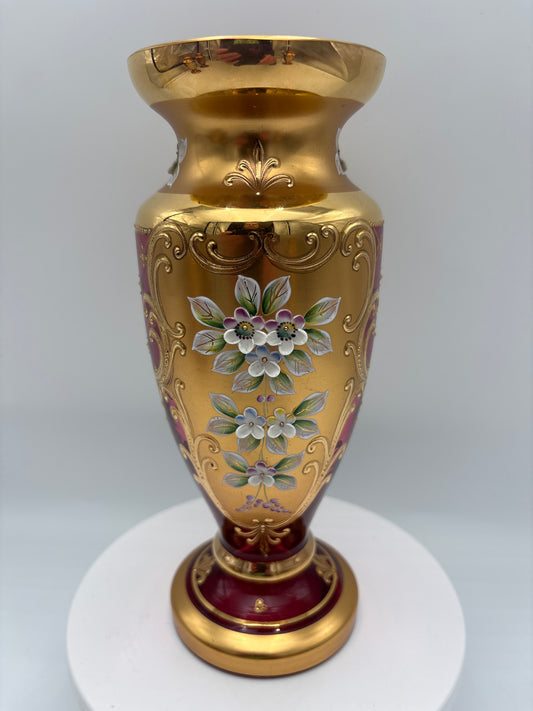 Vintage Bohemia krystal med Guld og Enamel-Vase på fod-Rød(2)-22cm