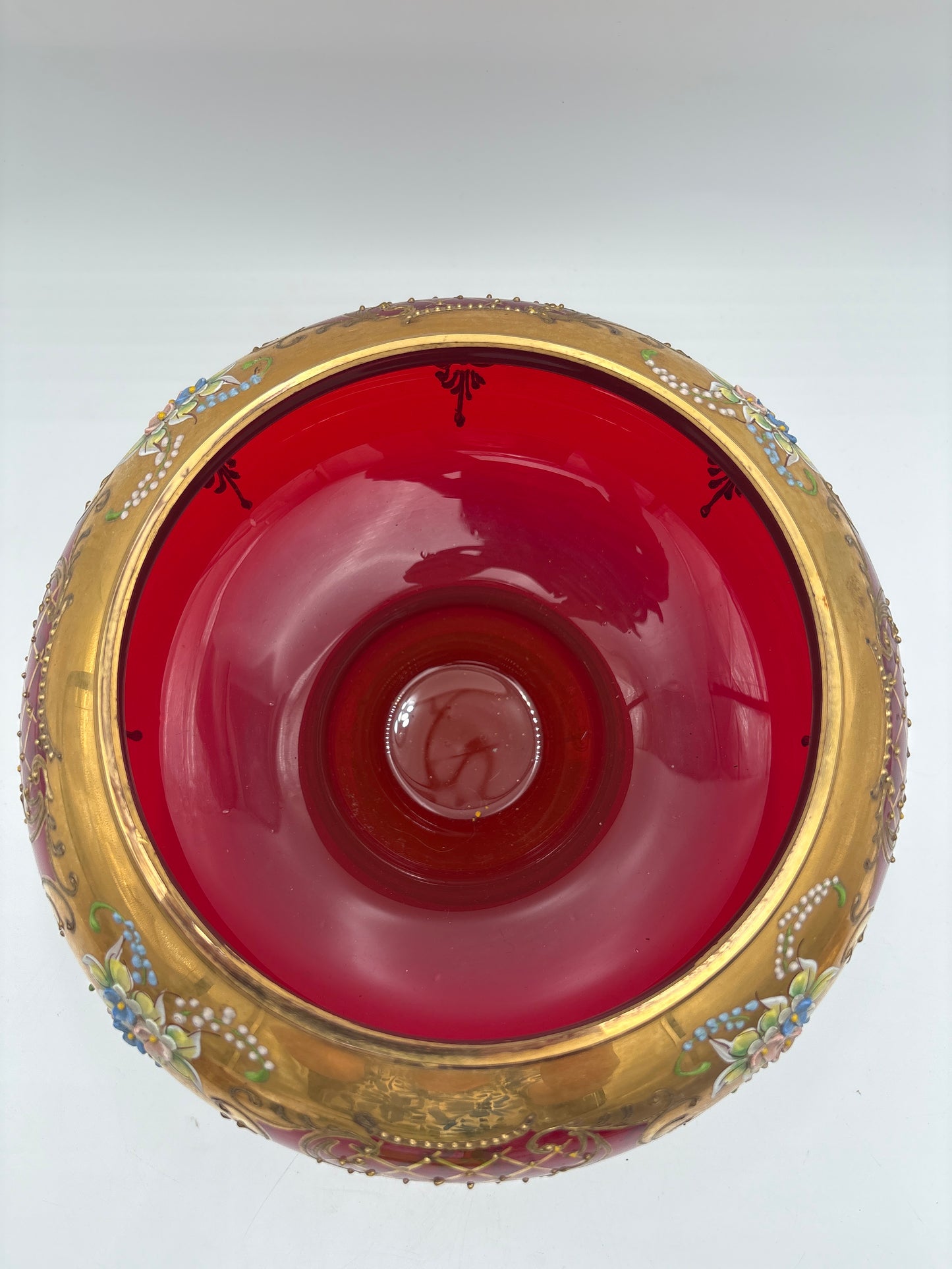 Vintage Bohemia krystal med Guld og Enamel, Punch Bowl med ske og 4 kopper, Rød, 25cm