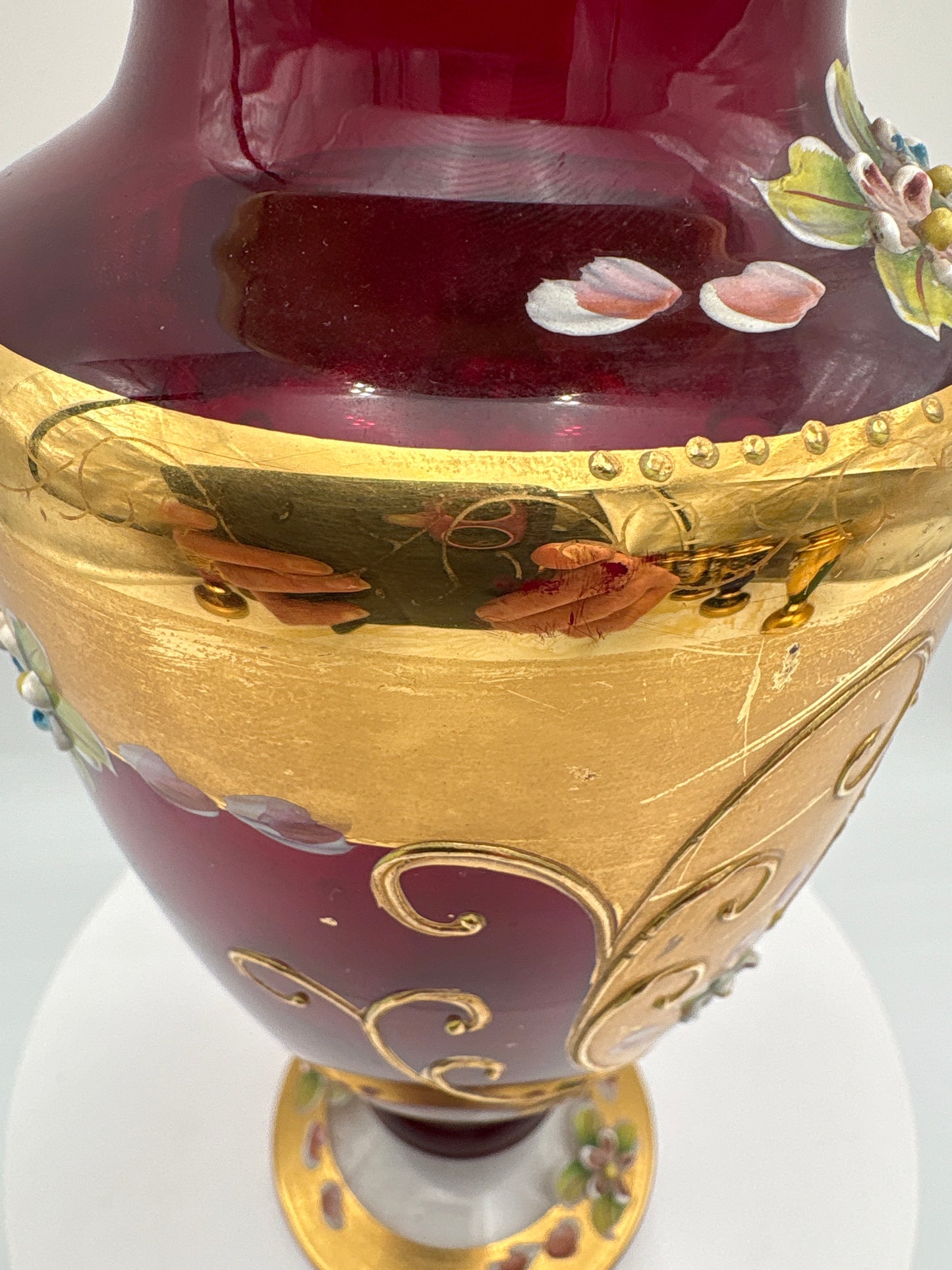Vintage Bohemia krystal med Guld og Enamel-Vase på fod-Rød-21cm