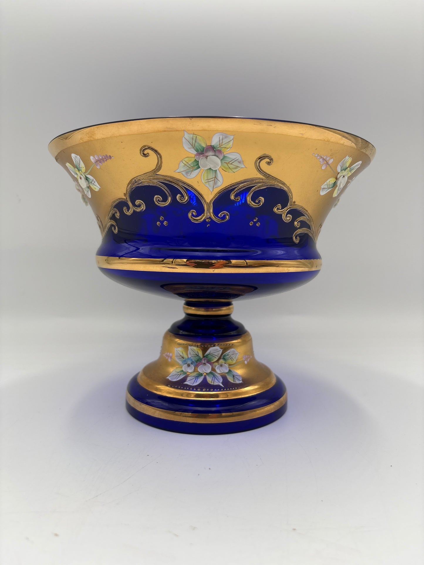 Vintage Bohemia krystal med Guld og Enamel, Opsats på fod, Blå,17cm