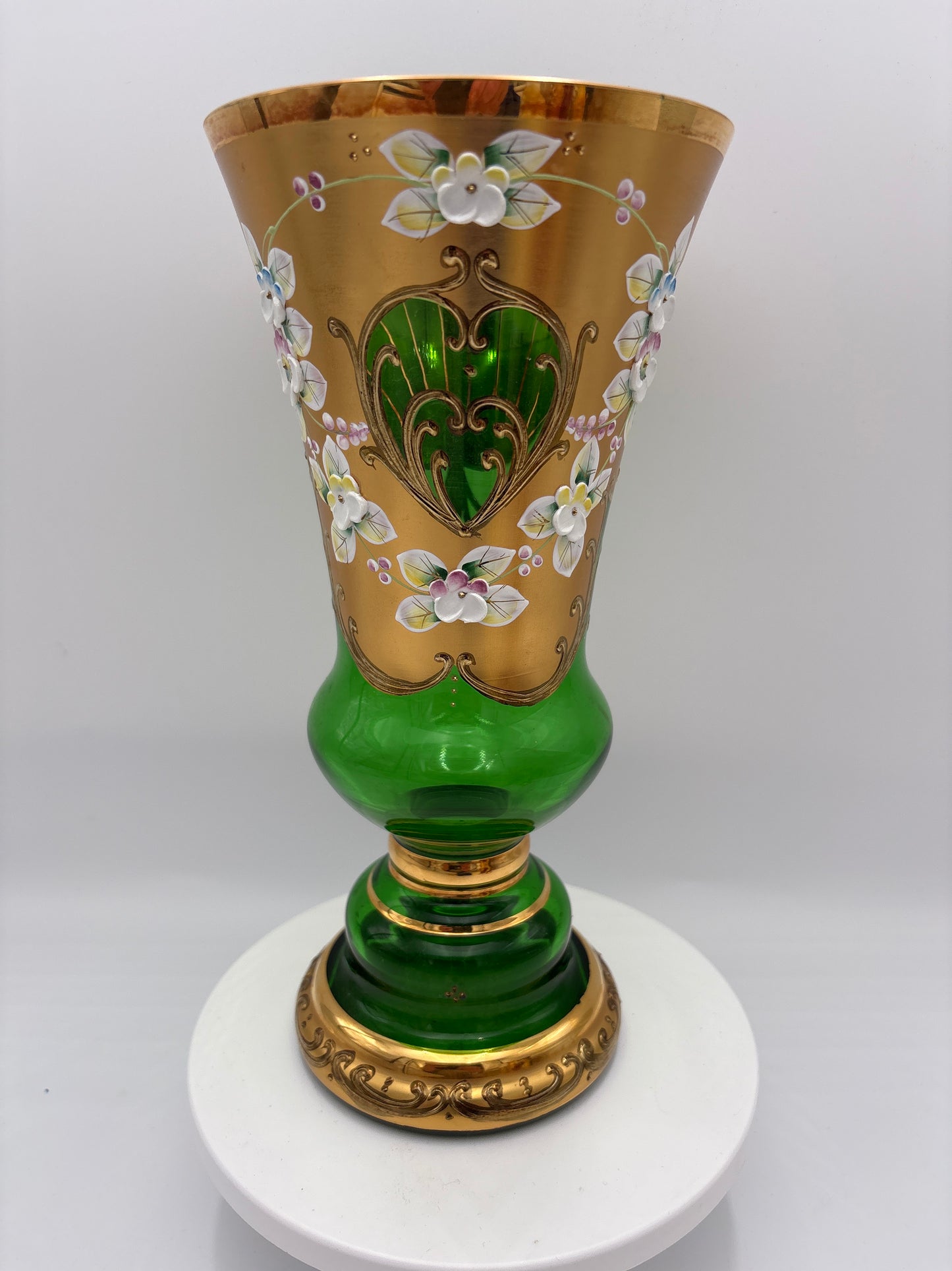 Vintage Bohemia krystal med Guld og Enamel, Vase på fod , Grøn, 26cm