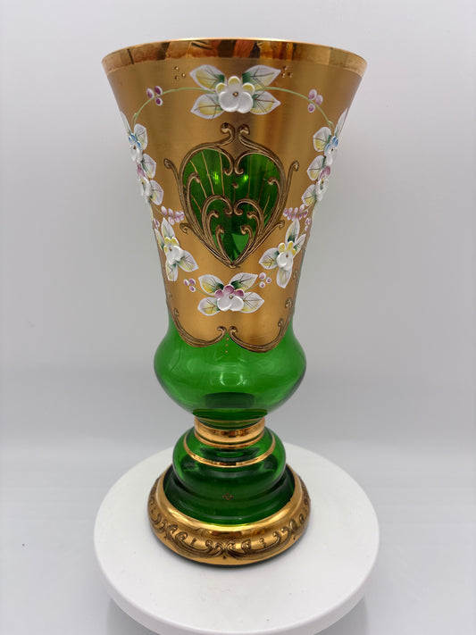 Vintage Bohemia krystal med Guld og Enamel, Vase på fod , Grøn, 26cm