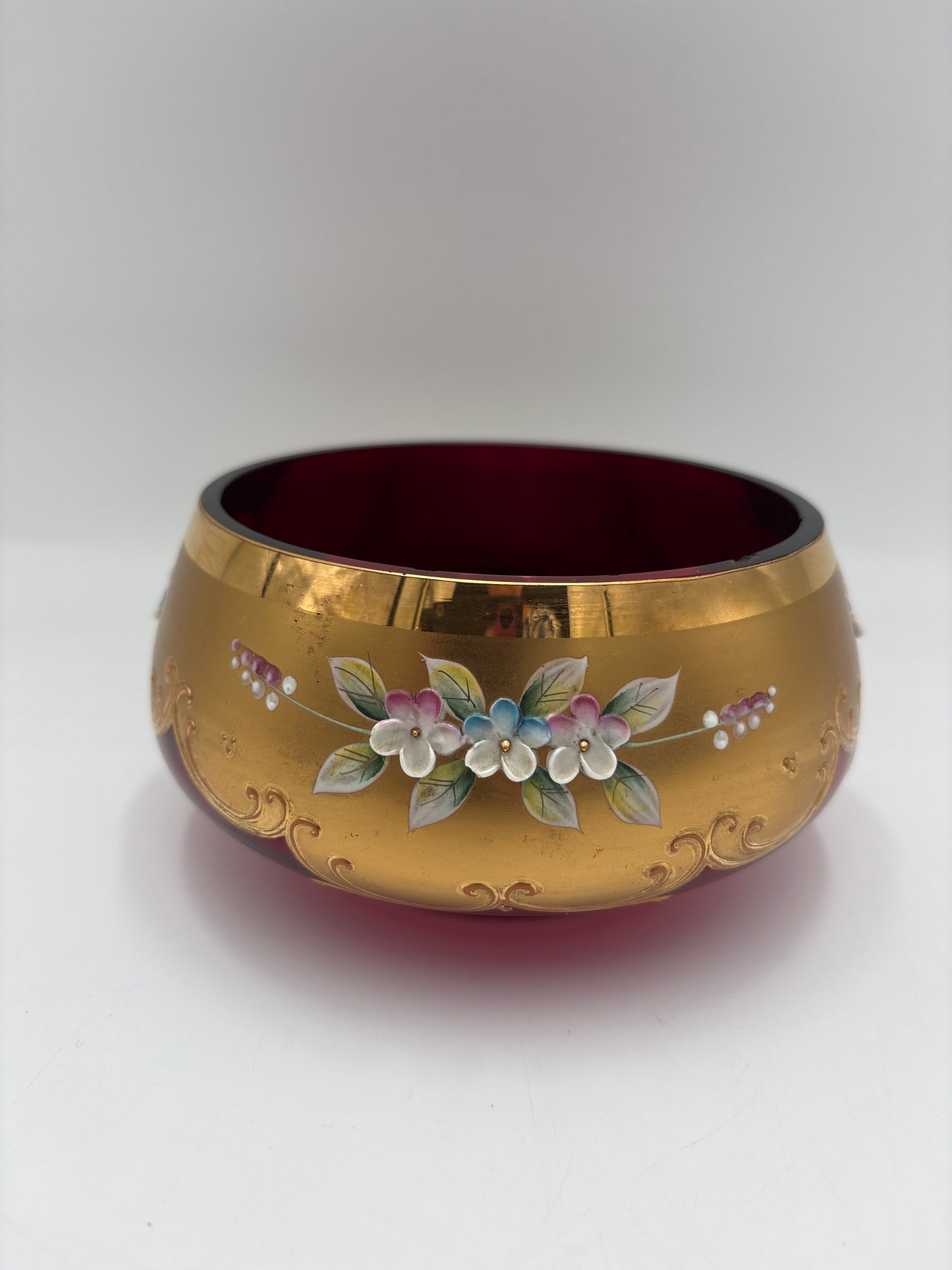 Vintage Bohemia krystal med Guld og Enamel,Lille skål, Rød, ø15cm