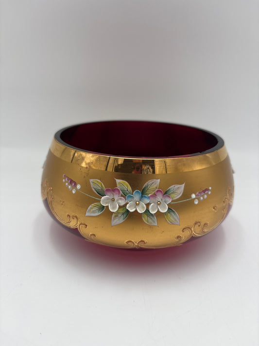 Vintage Bohemia krystal med Guld og Enamel,Lille skål, Rød, ø15cm