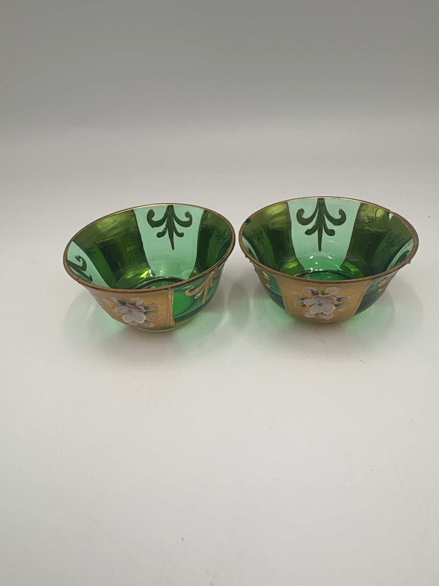 Vintage Bohemia krystal med Guld og Enamel, 2 små fyrfadsstager, Grøn, ø6cm