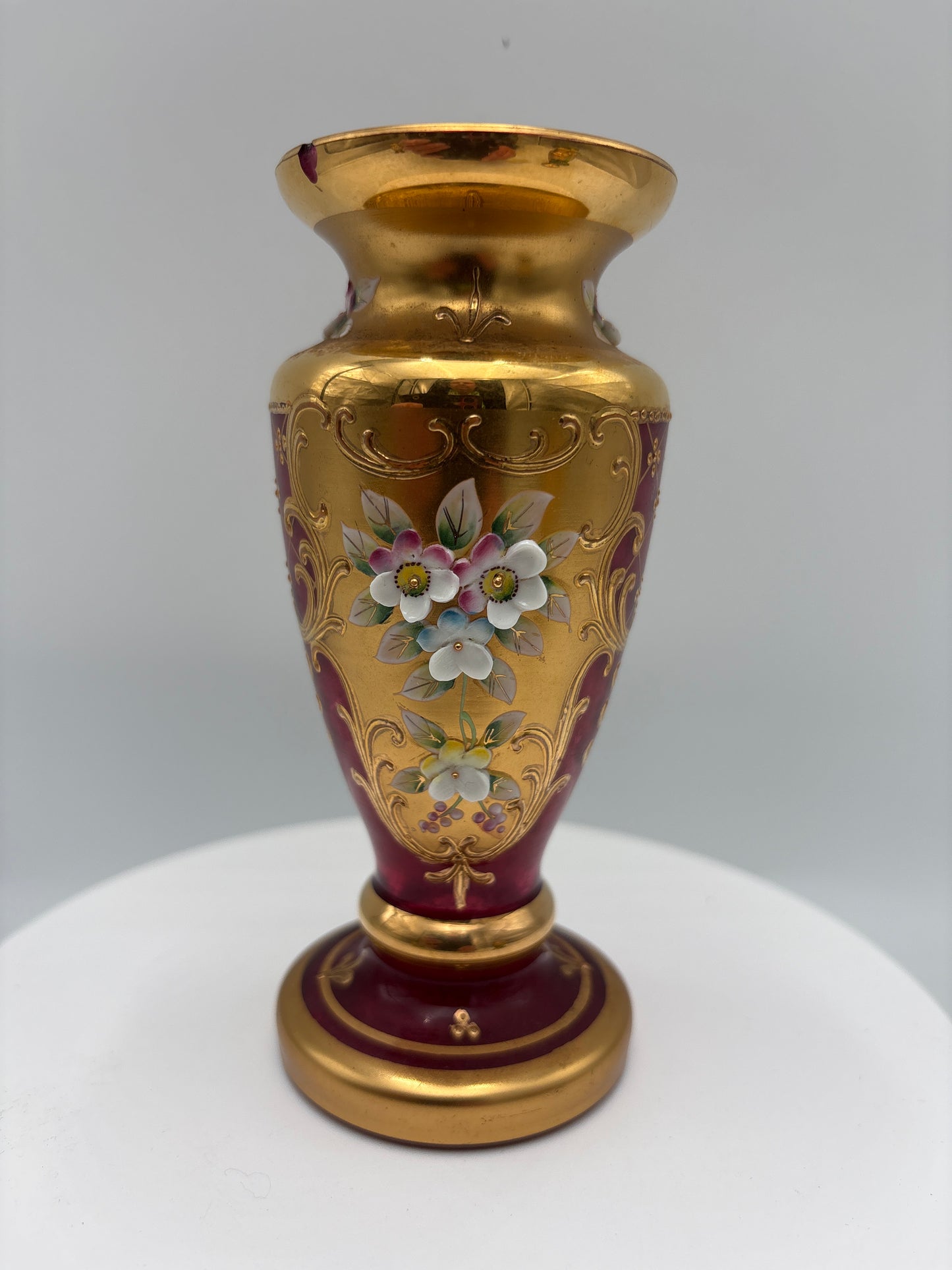 Vintage Bohemia krystal med Guld og Enamel-Vase på fod-Rød-14cm