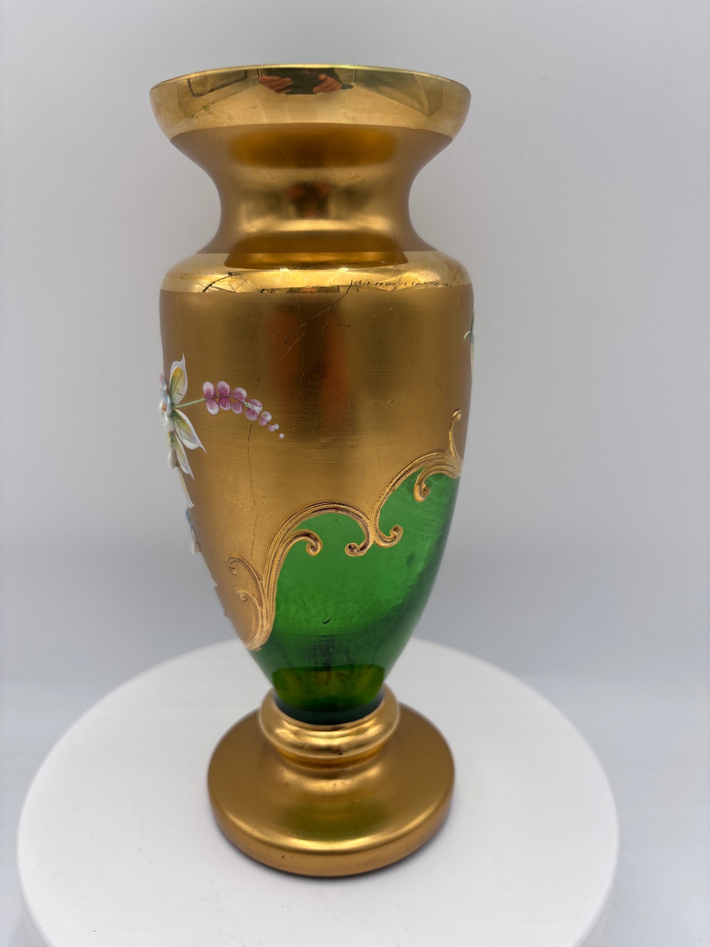 Vintage Bohemia krystal med Guld og Enamel-Vase på fod-Grøn(2)-19cm