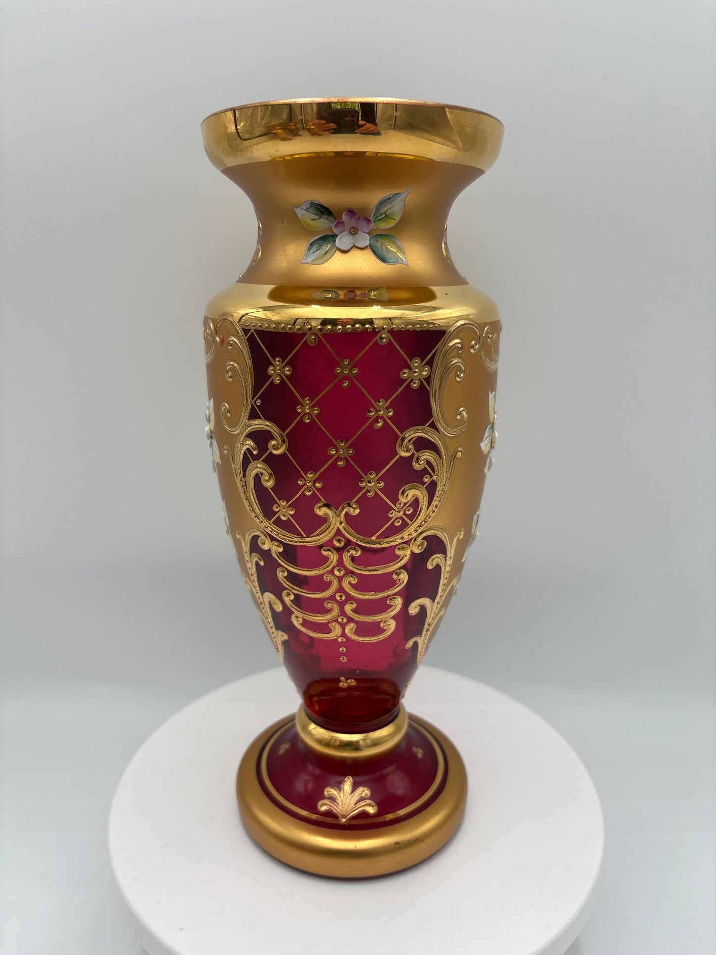 Vintage Bohemia krystal med Guld og Enamel-Vase på fod-Rød(1)-22cm