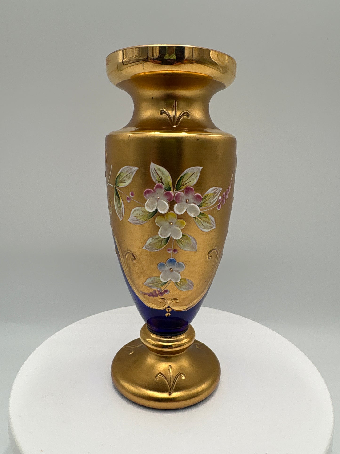 Vintage Bohemia krystal med Guld og Enamel-Vase på fod-Blå(3)-17cm