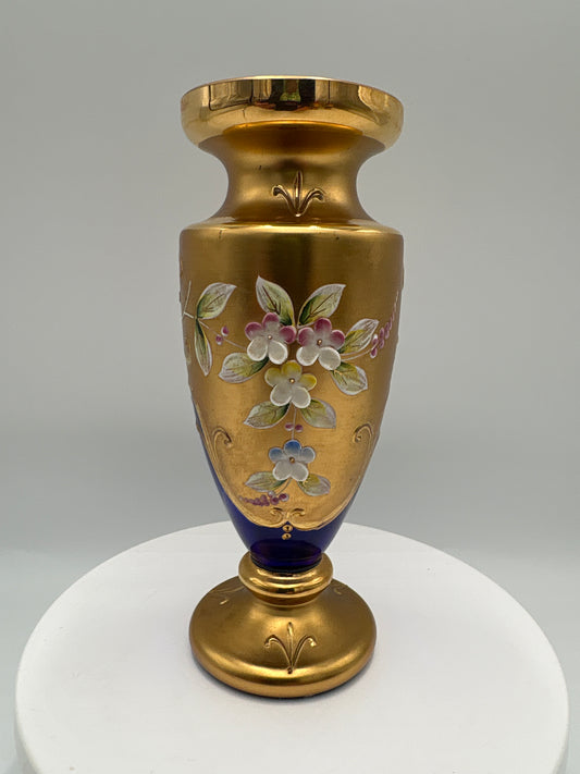 Vintage Bohemia krystal med Guld og Enamel-Vase på fod-Blå(3)-17cm