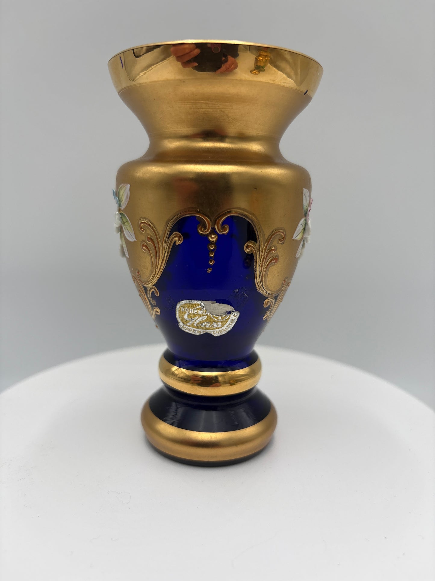 Vintage Bohemia krystal med Guld og Enamel-Vase på fod-Blå-12cm