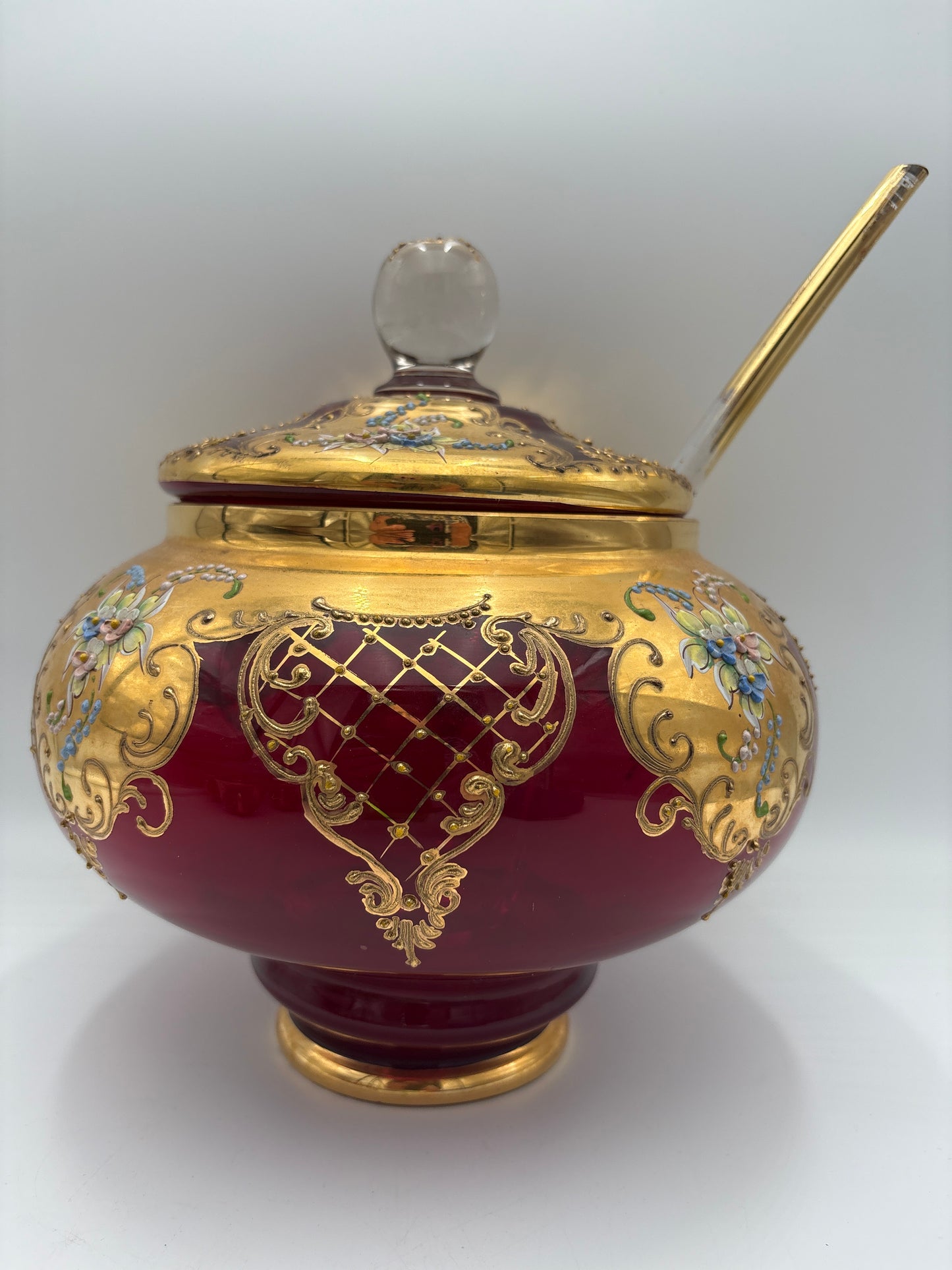 Vintage Bohemia krystal med Guld og Enamel, Punch Bowl med ske og 4 kopper, Rød, 25cm