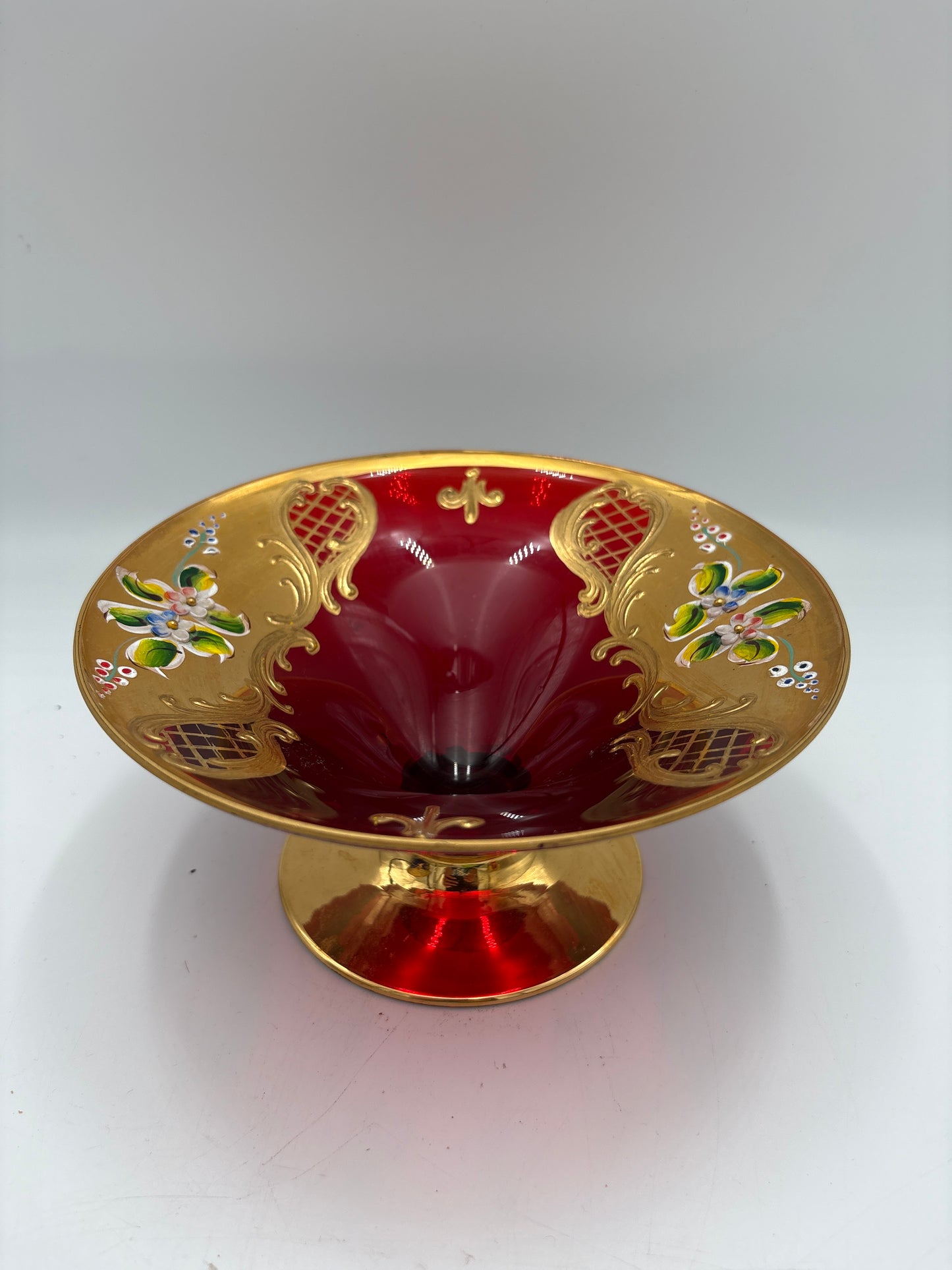 Vintage Bohemia krystal med Guld og Enamel,Lille opsats på fod, Rød, 9cm