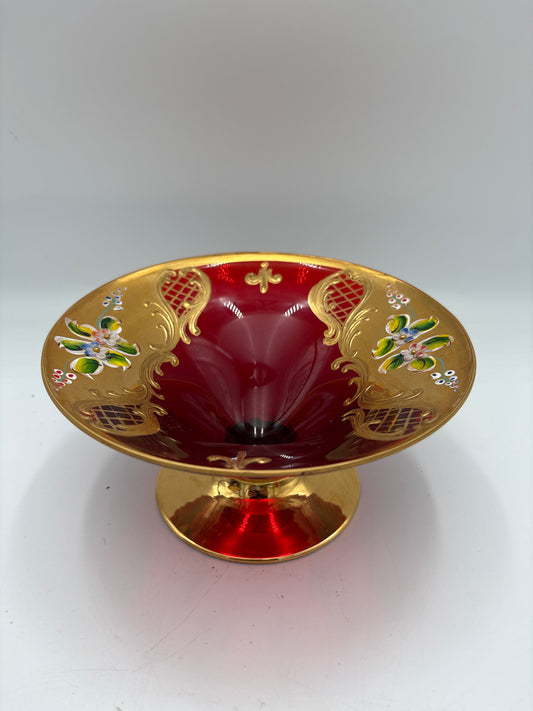 Vintage Bohemia krystal med Guld og Enamel,Lille opsats på fod, Rød, 9cm