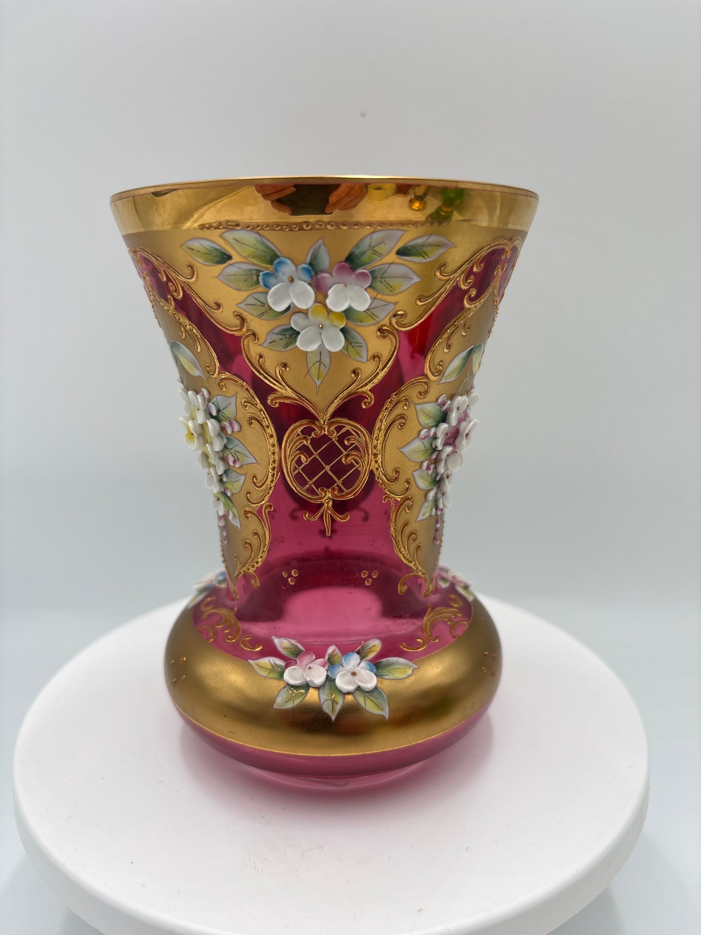 Vintage Bohemia krystal med Guld og Enamel, Vase , Rød(2), 14cm