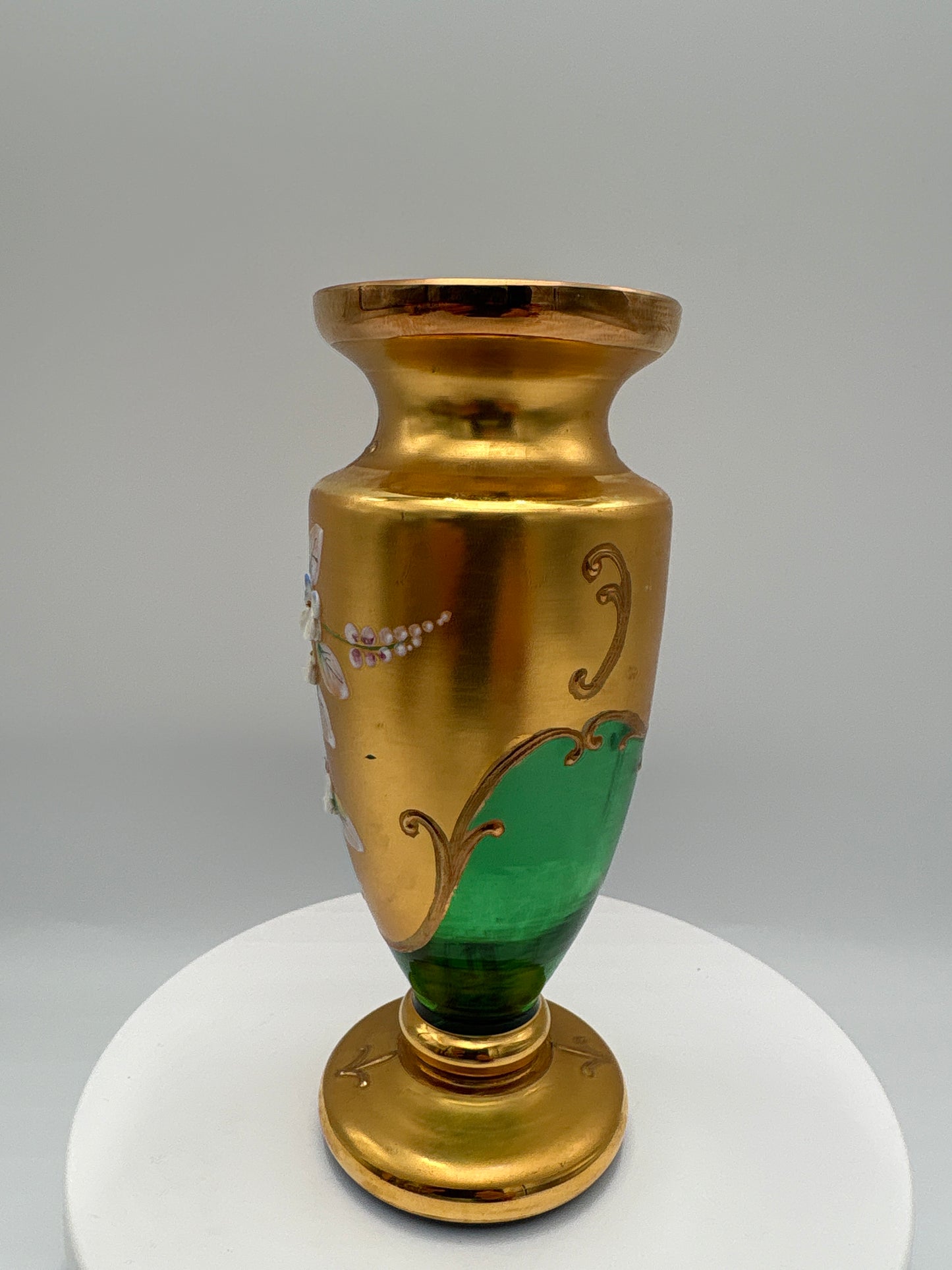 Vintage Bohemia krystal med Guld og Enamel-Vase på fod-Grøn-17cm