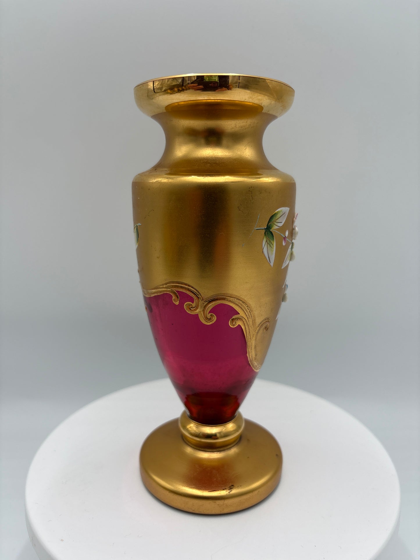 Vintage Bohemia krystal med Guld og Enamel-Vase på fod-Rød(1)-17cm