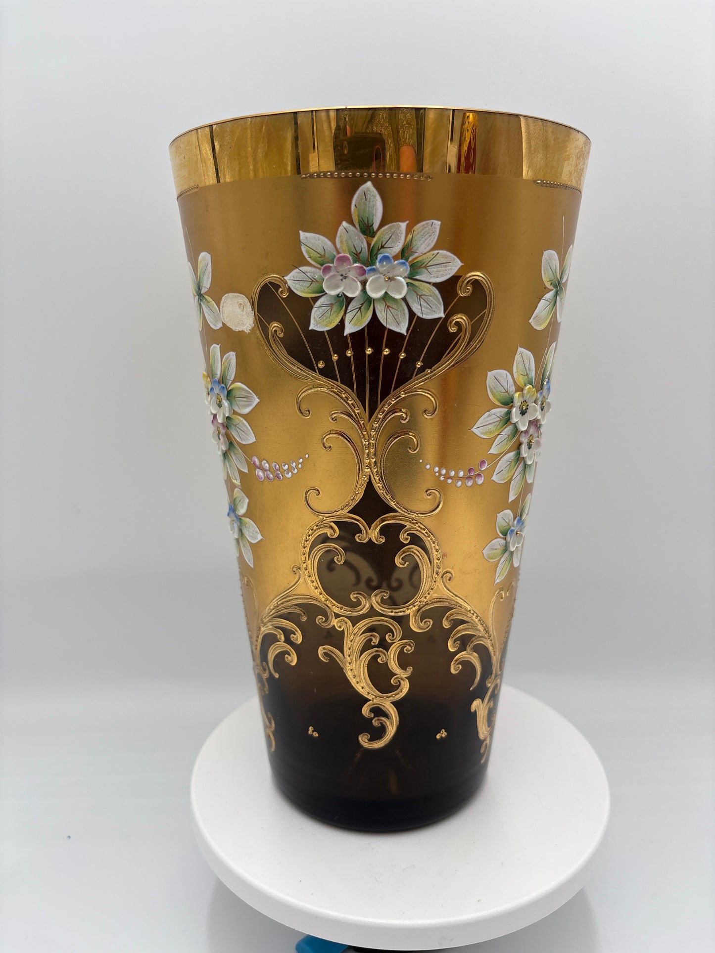 Vintage Bohemia krystal med Guld og Enamel, Vase, Brun, 25cm