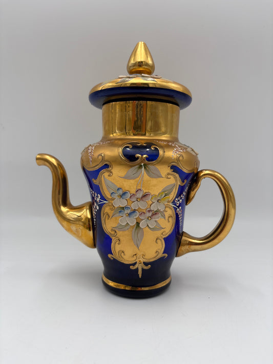 Vintage Bohemia krystal med Guld og Enamel, kaffekande, Blå, 22cm