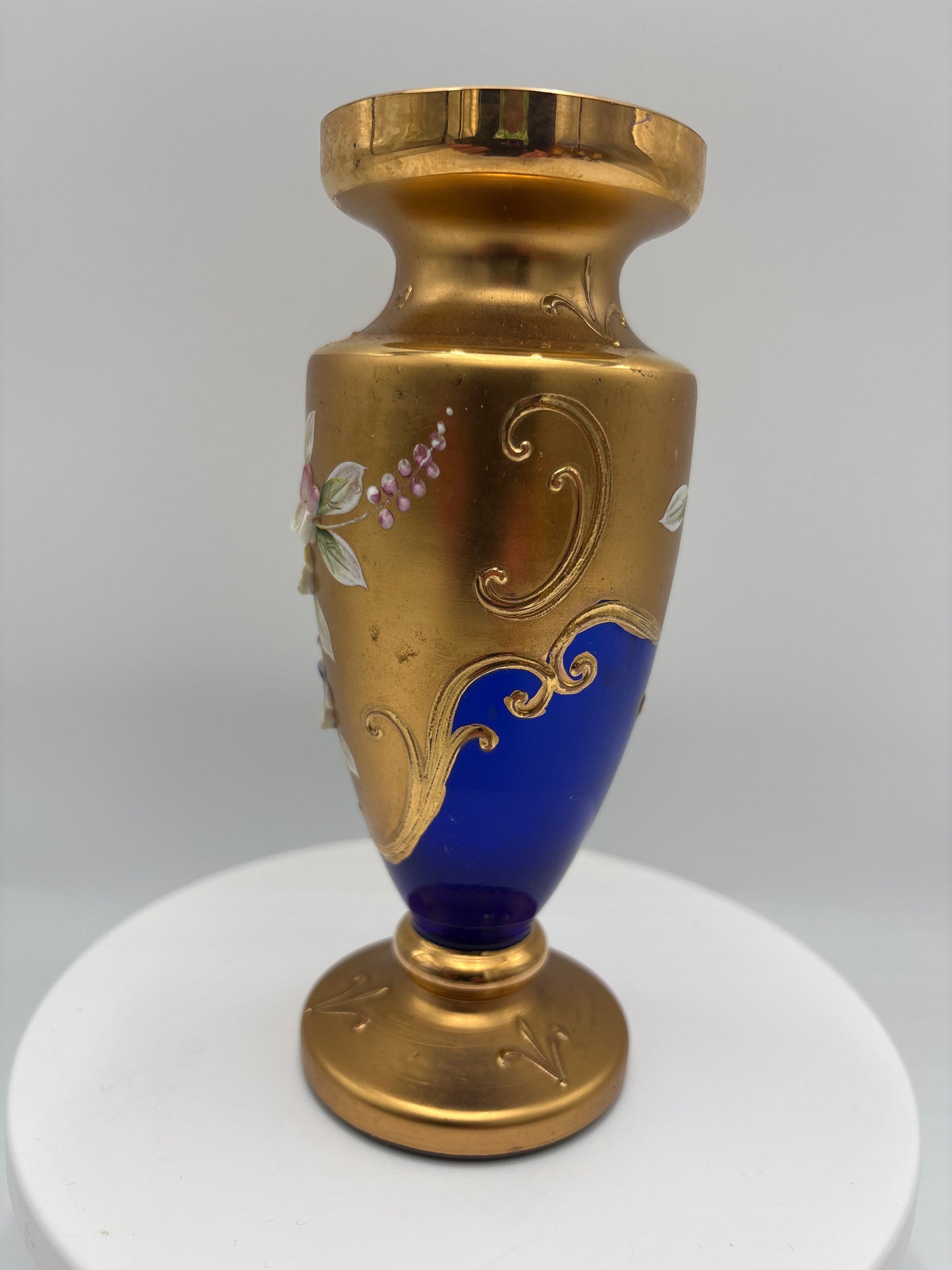 Vintage Bohemia krystal med Guld og Enamel-Vase på fod-Blå(2)-17cm