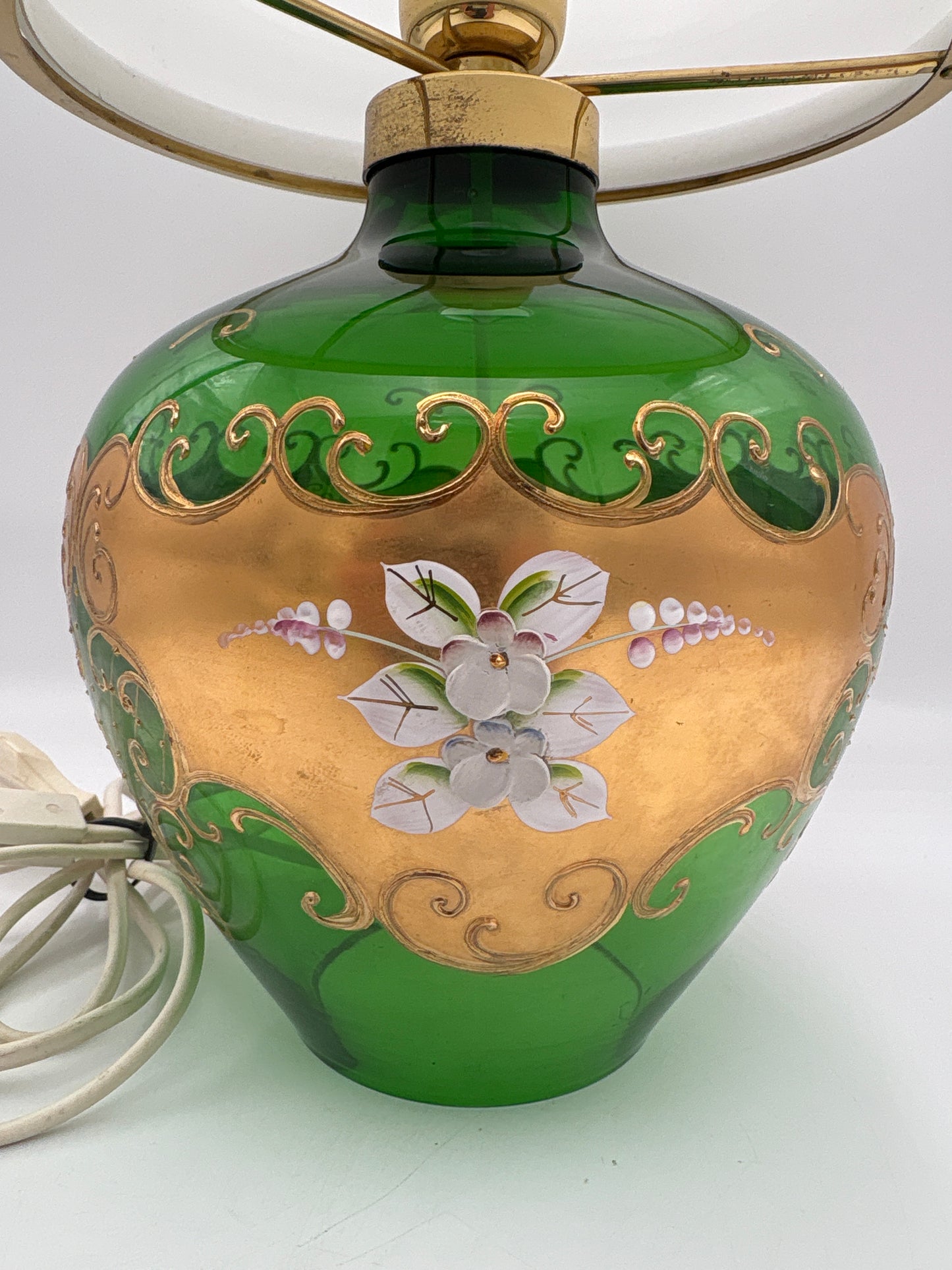 Vintage Bohemia krystal med Guld og Enamel, Bordlampe med glasskærm, grøn, 36cm