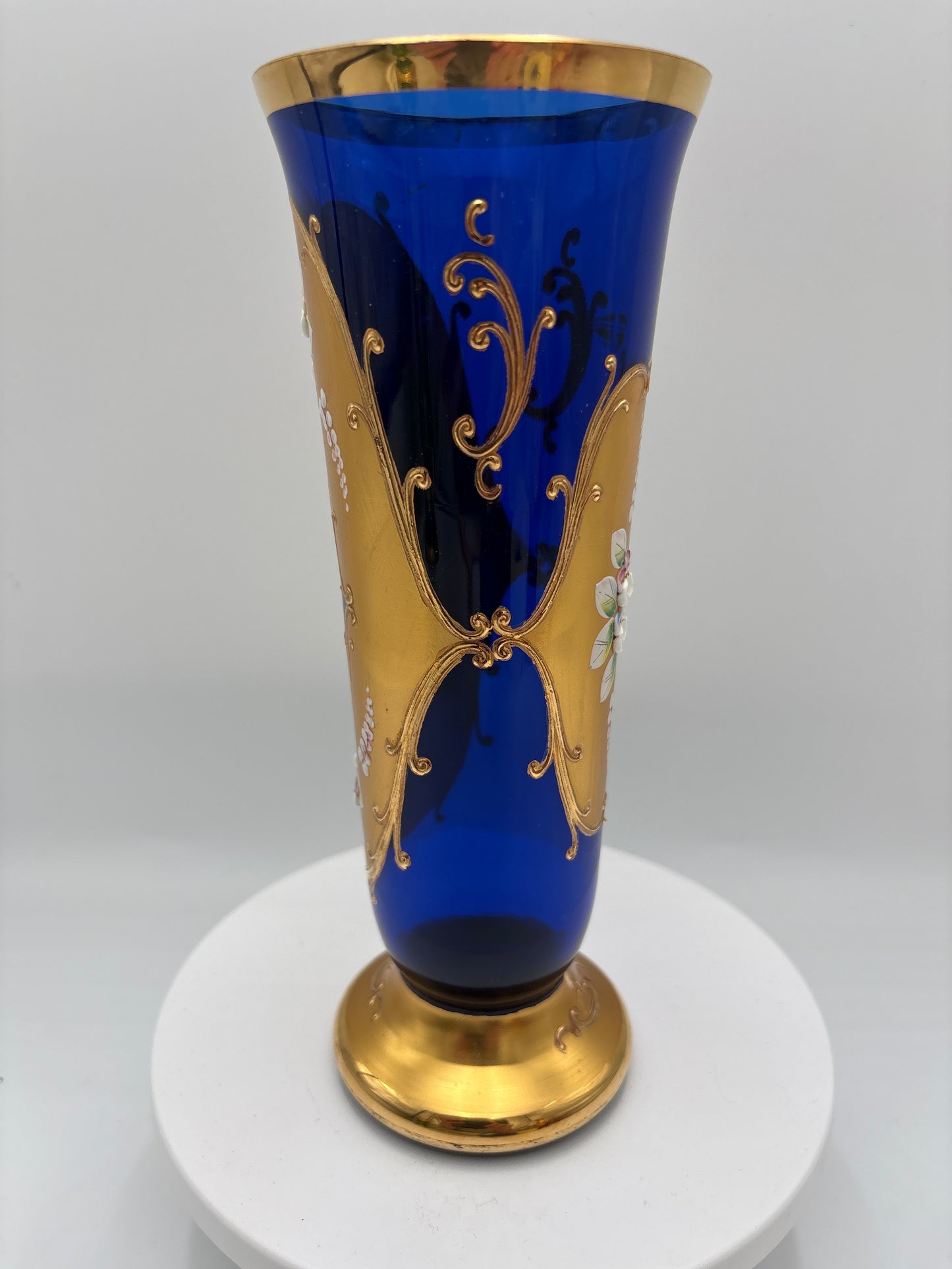 Vintage Bohemia krystal med Guld og Enamel, Vase på fod , Blå, 22cm