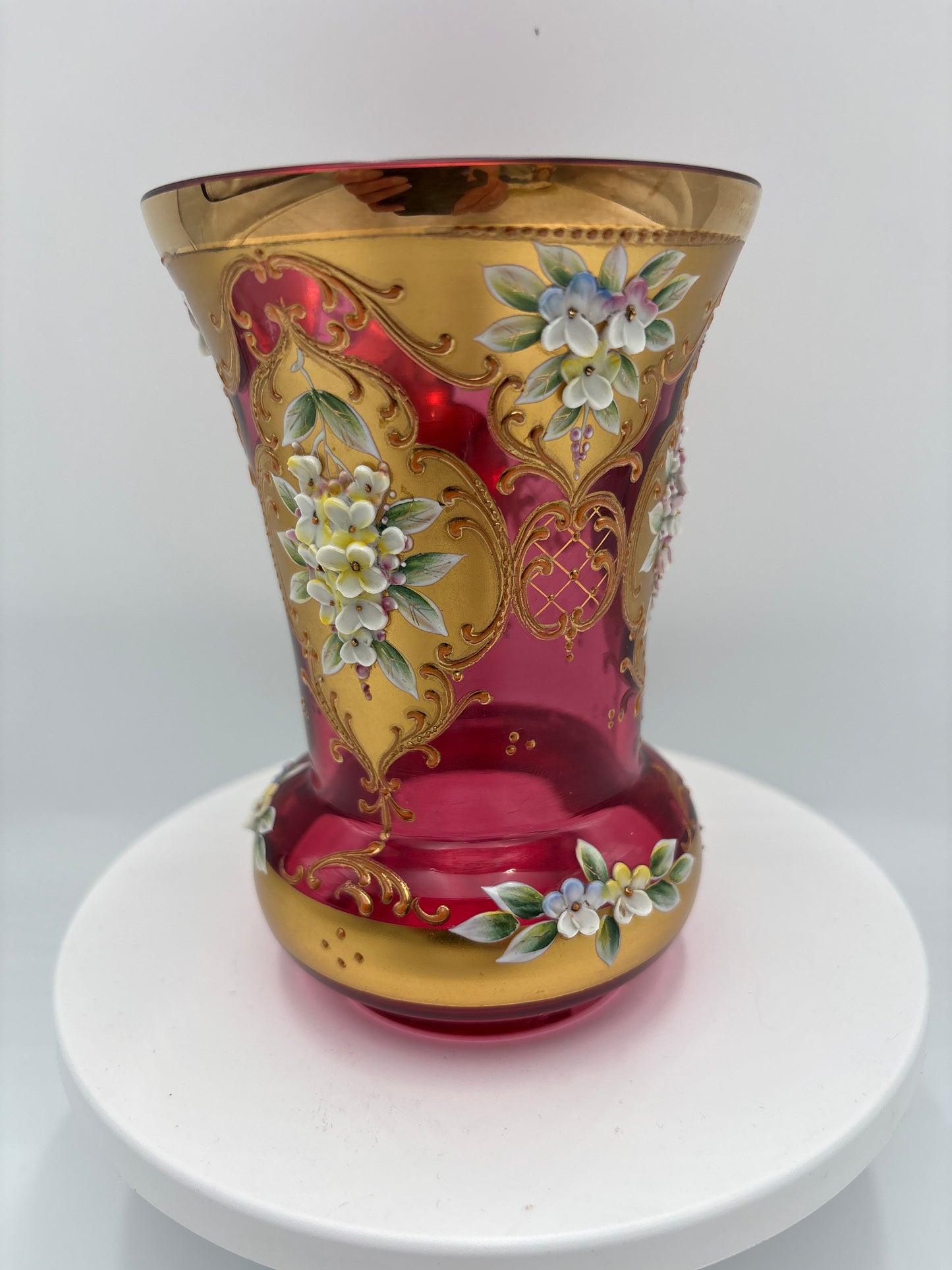 Vintage Bohemia krystal med Guld og Enamel, Vase , Rød(1), 14cm
