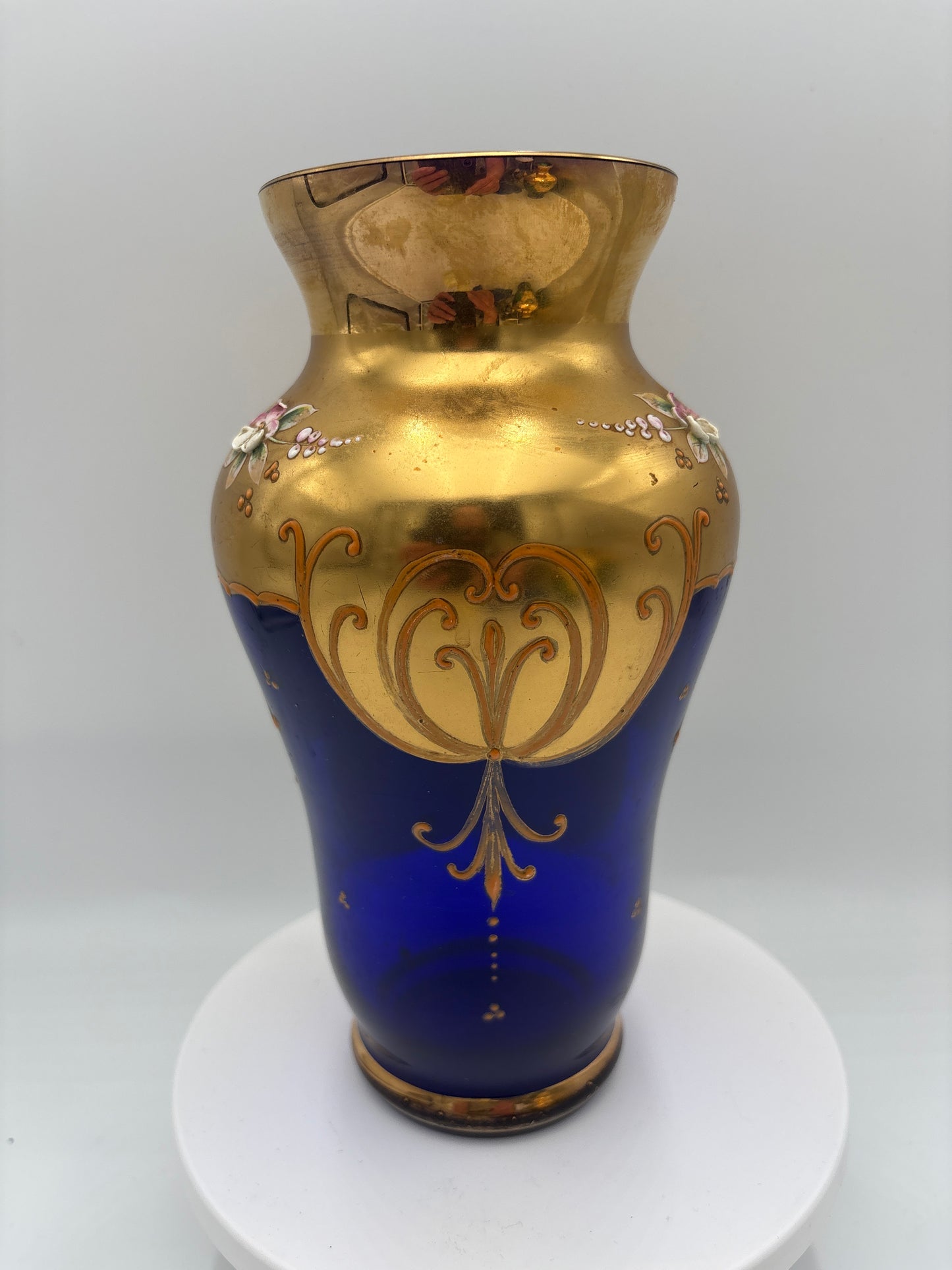 Vintage Bohemia krystal med Guld og Enamel, Vase, Blå, 22cm