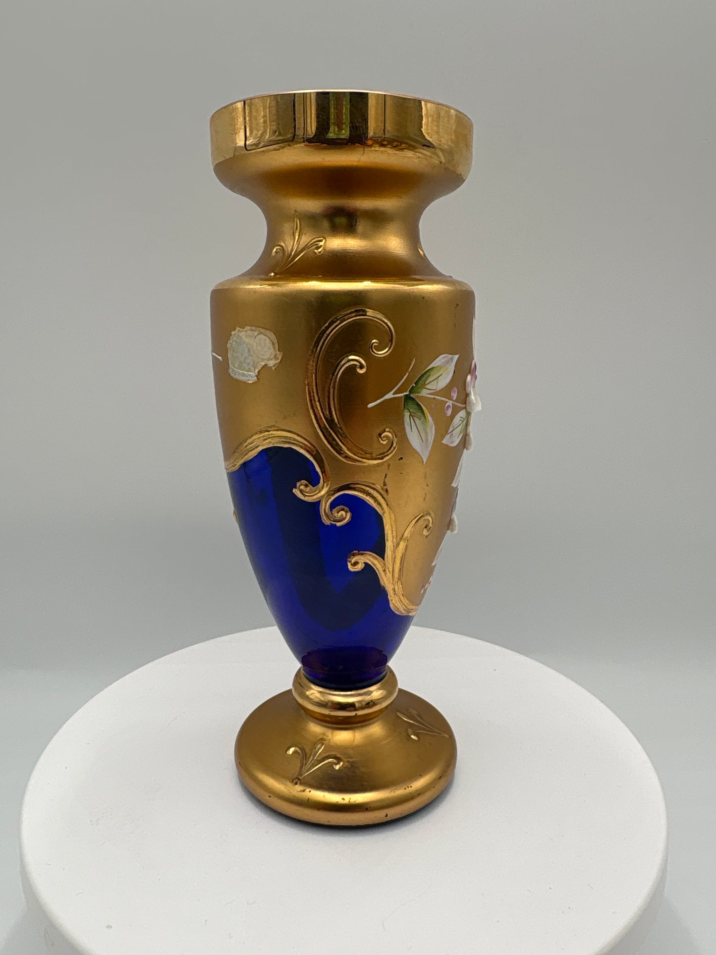 Vintage Bohemia krystal med Guld og Enamel-Vase på fod-Blå(1)-17cm