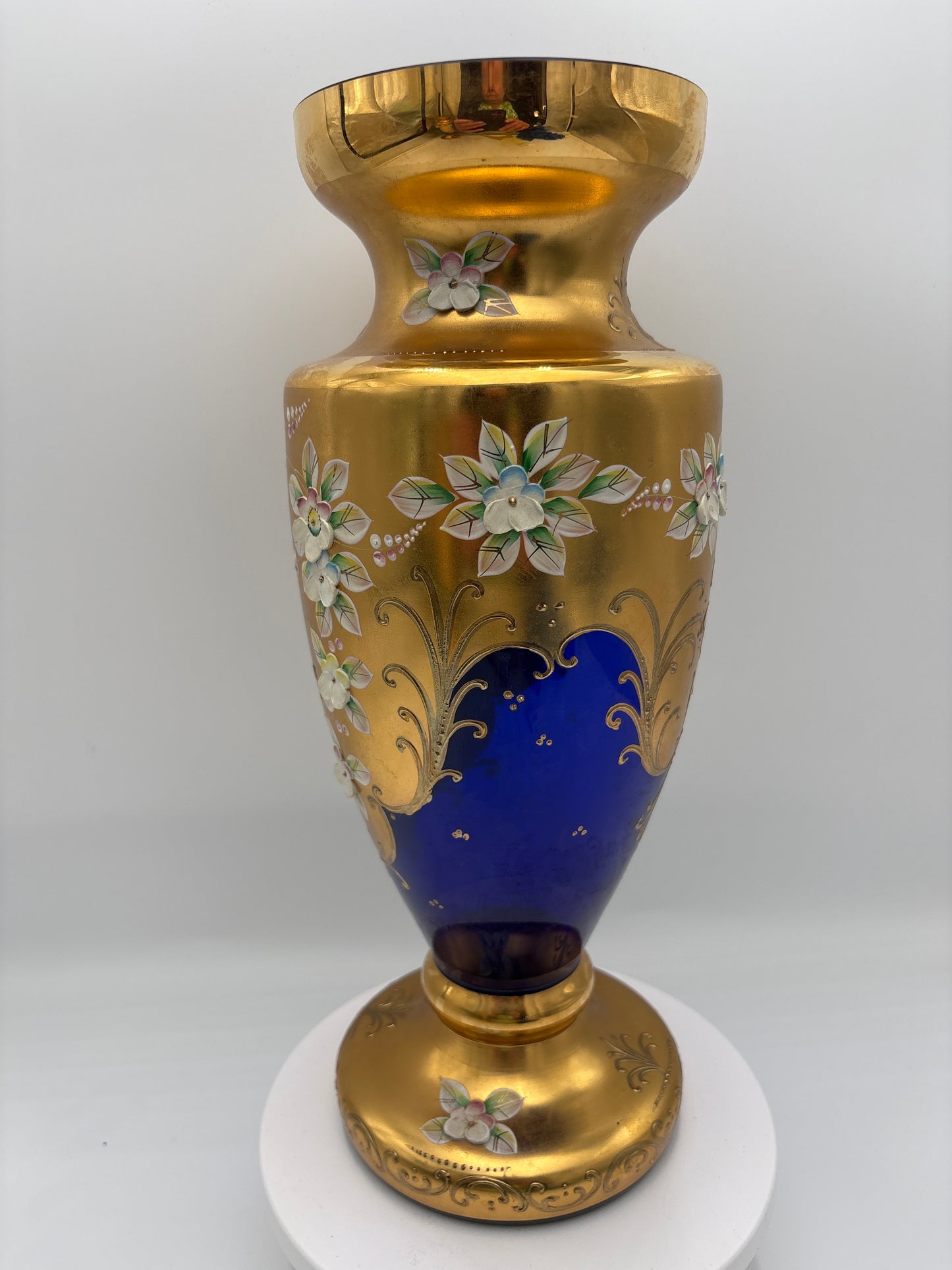 Vintage Bohemia krystal med Guld og Enamel-Vase på fod-Blå(2)-32cm