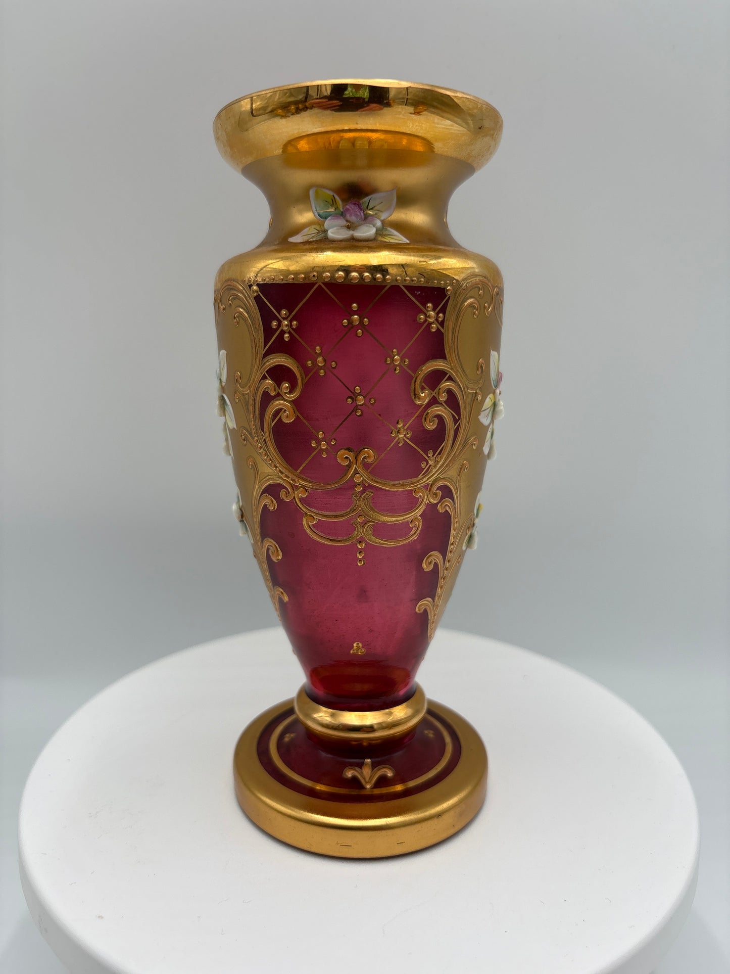 Vintage Bohemia krystal med Guld og Enamel-Vase på fod-Rød(2)-17cm
