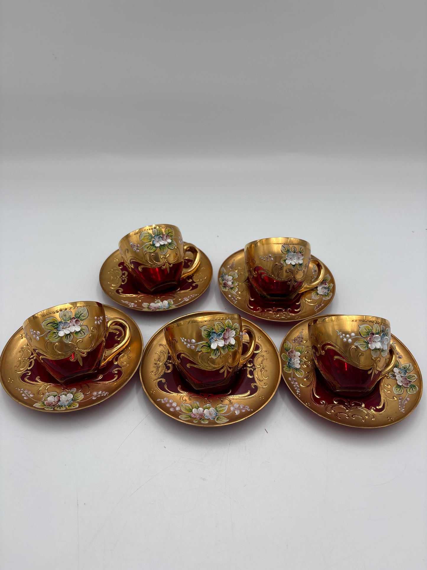 Vintage Bohemia krystal med Guld og Enamel, kaffesæt, Rød