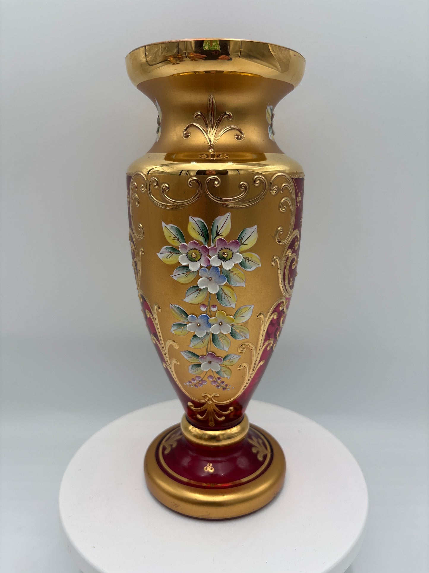 Vintage Bohemia krystal med Guld og Enamel-Vase på fod-Rød(1)-22cm