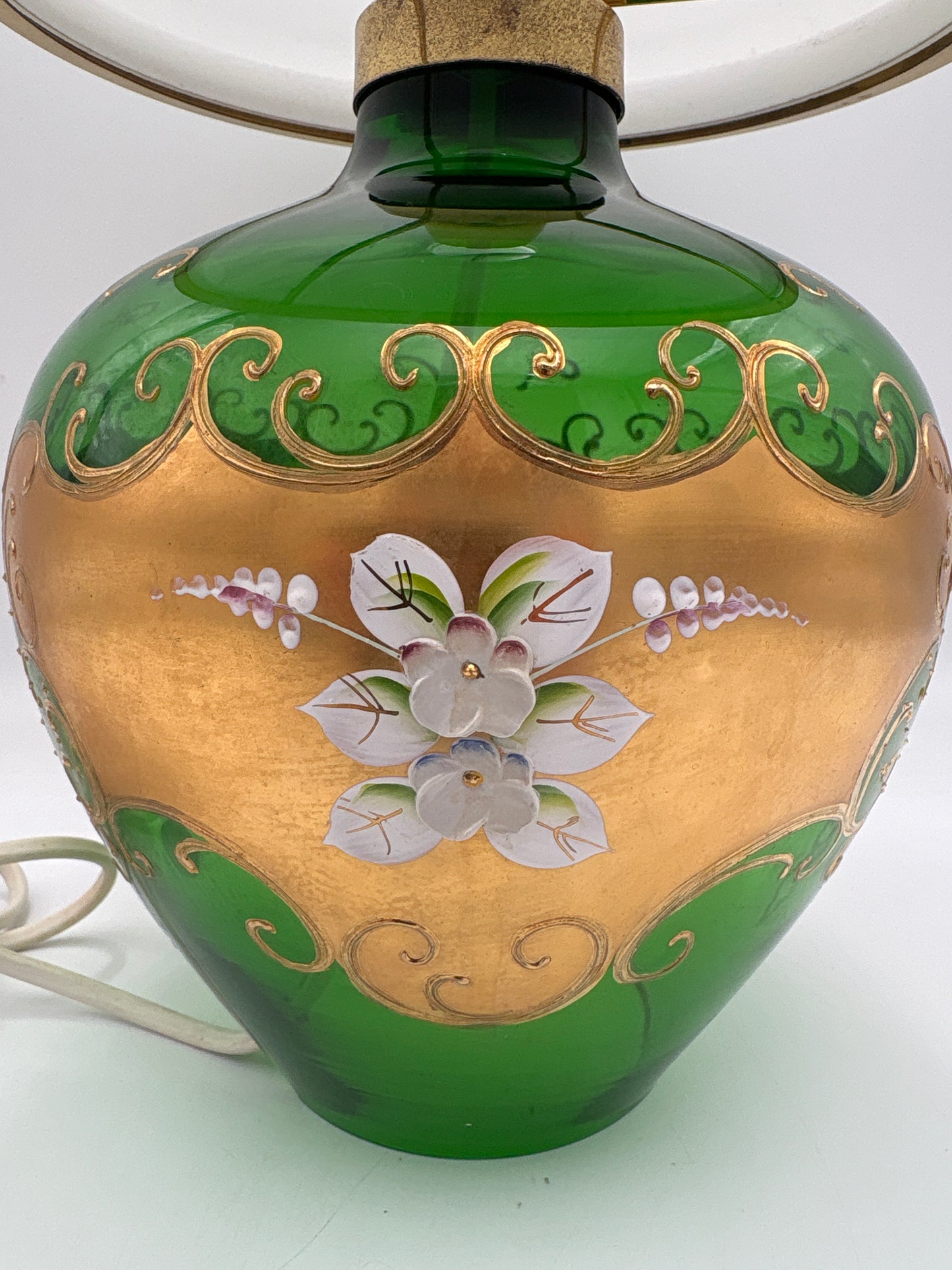 Vintage Bohemia krystal med Guld og Enamel, Bordlampe med glasskærm, grøn, 36cm