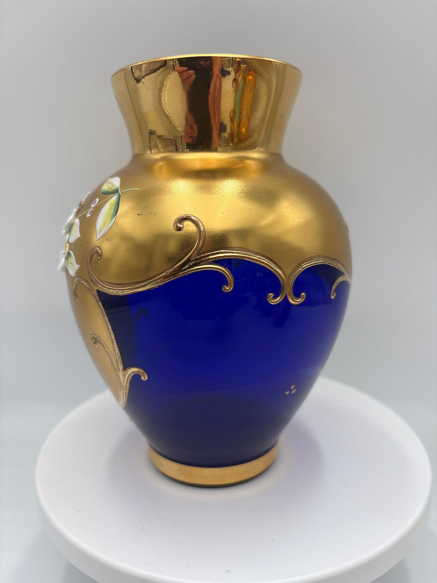Vintage Bohemia krystal med Guld og Enamel, Vase,  blå, 16cm