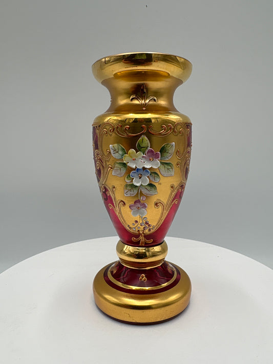 Vintage Bohemia krystal med Guld og Enamel-Vase på fod(1)-rød-12cm
