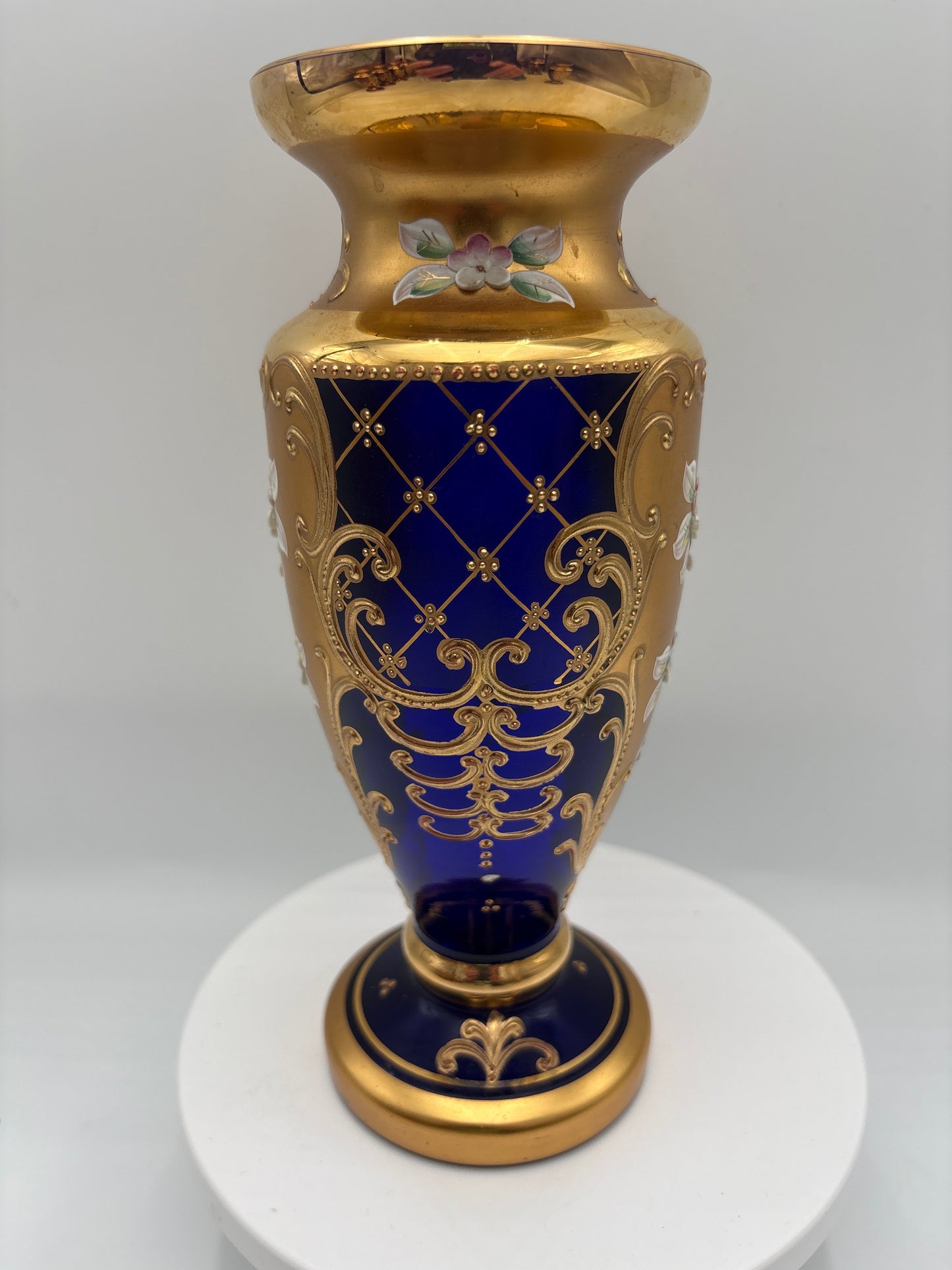 Vintage Bohemia krystal med Guld og Enamel-Vase på fod-Blå(2)-22cm