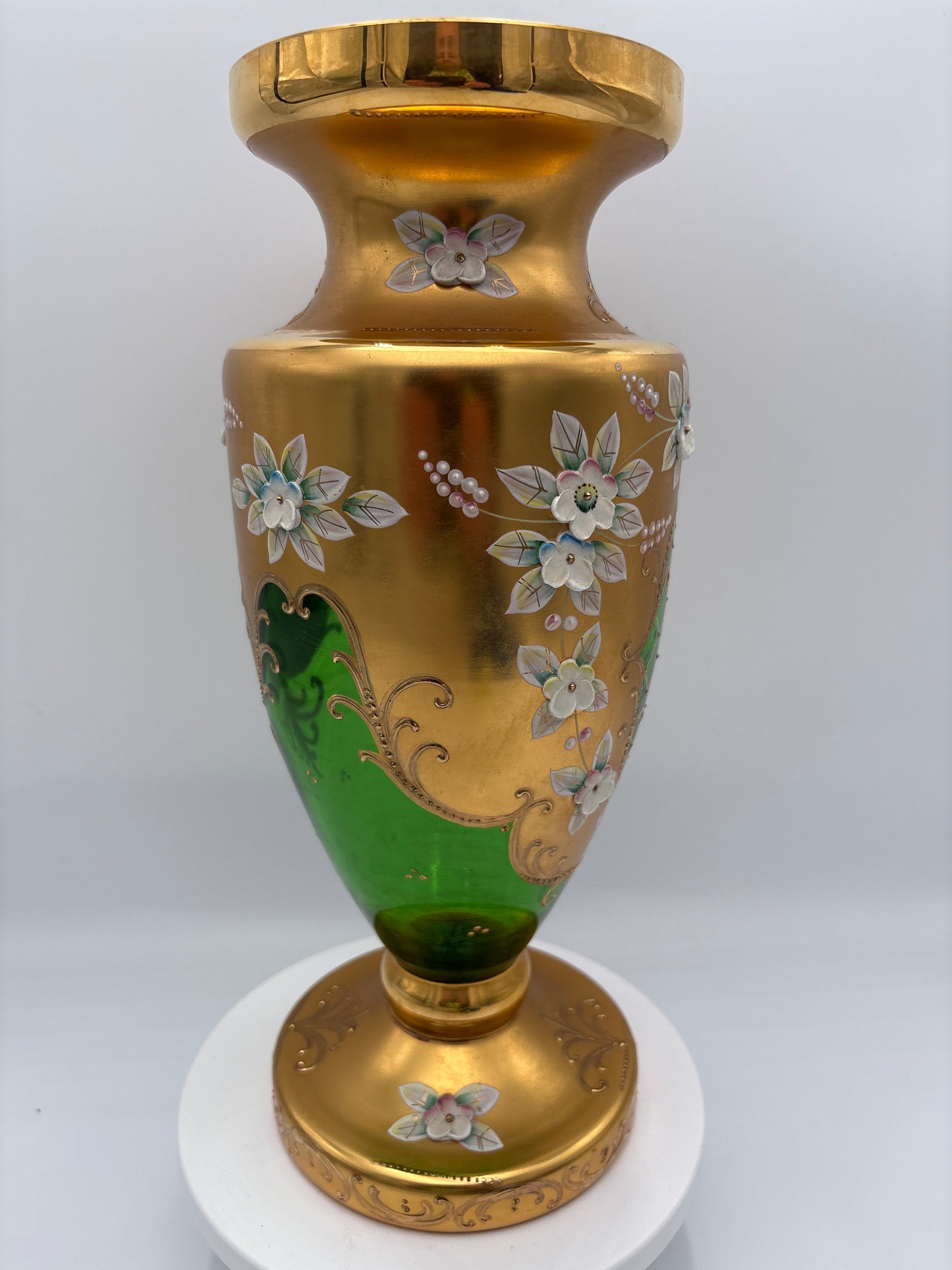 Vintage Bohemia krystal med Guld og Enamel-Vase på fod-Grøn-31cm