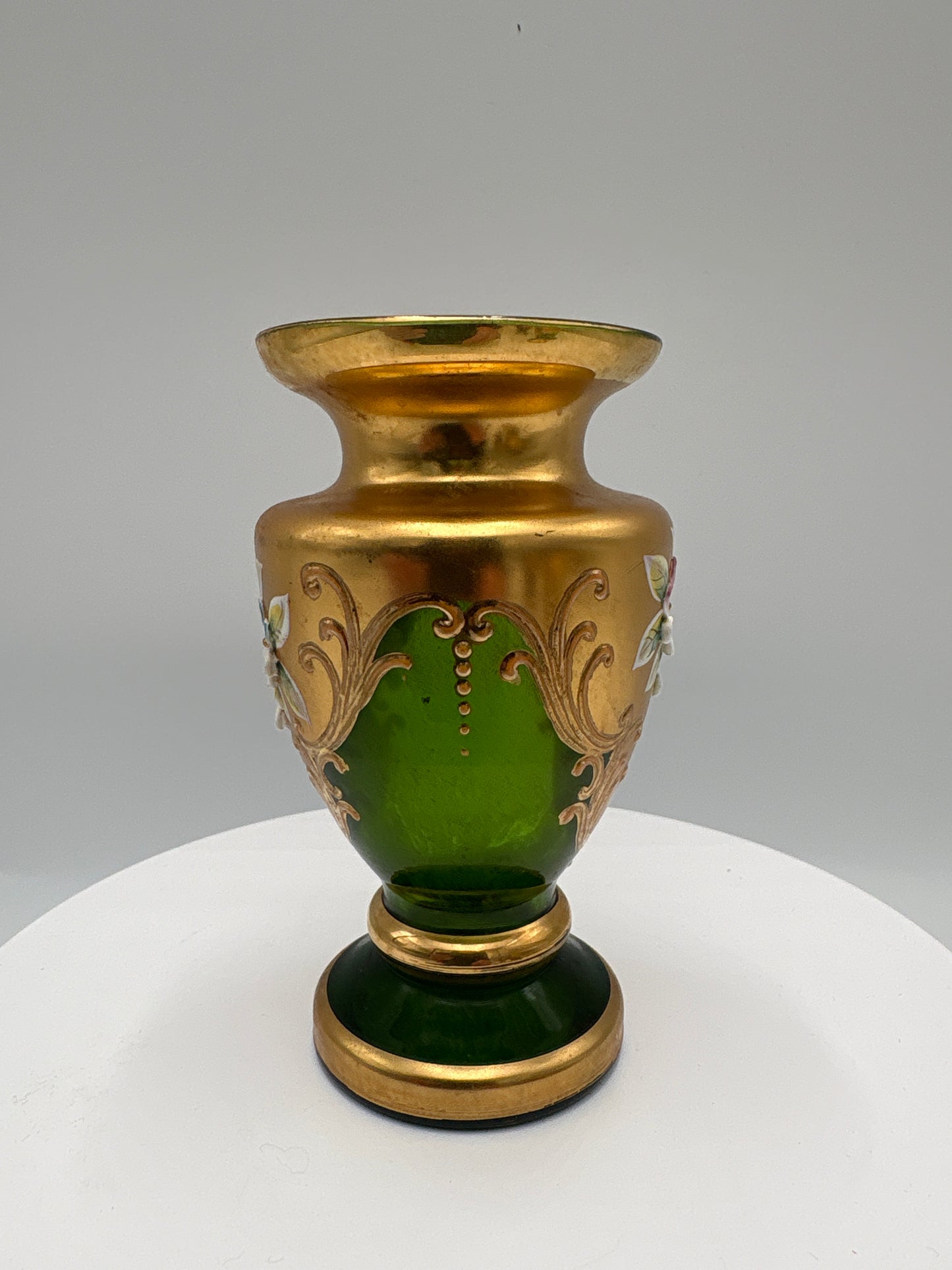 Vintage Bohemia krystal med Guld og Enamel-Vase på fod-Grøn-10cm