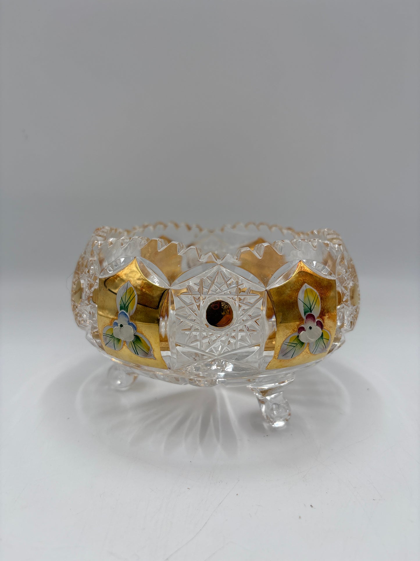 Vintage Bohemia krystal med Guld og Enamel, skål med fødder, Klar, ø15cm