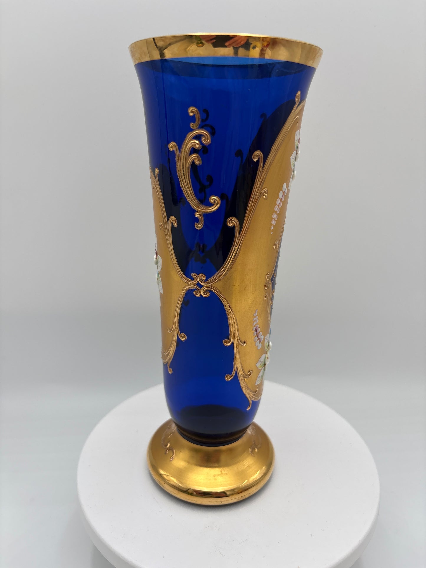 Vintage Bohemia krystal med Guld og Enamel, Vase på fod , Blå, 22cm