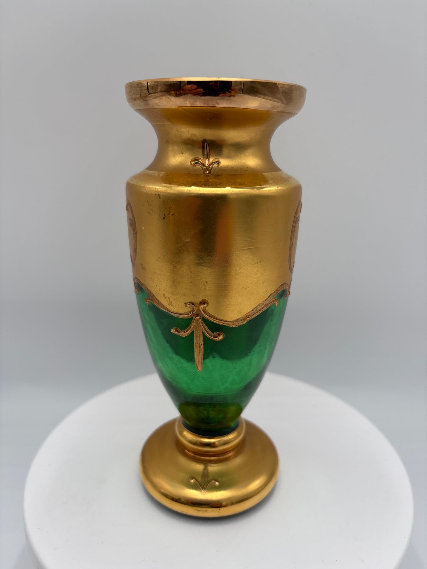 Vintage Bohemia krystal med Guld og Enamel-Vase på fod-Grøn-17cm