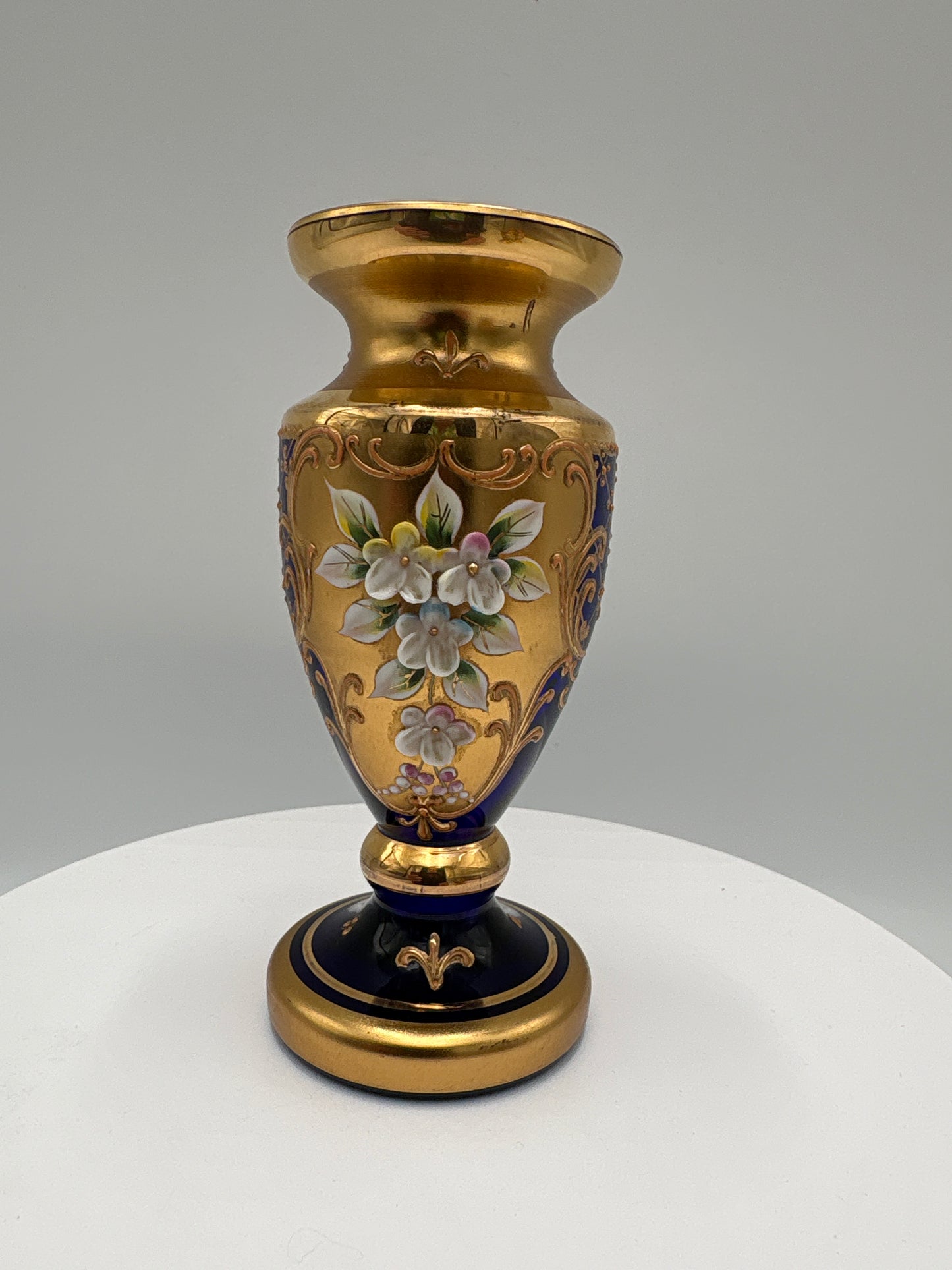 Vintage Bohemia krystal med Guld og Enamel-Vase på fod-Blå-12cm