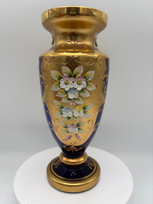 Vintage Bohemia krystal med Guld og Enamel-Vase på fod-Blå(1)-22cm