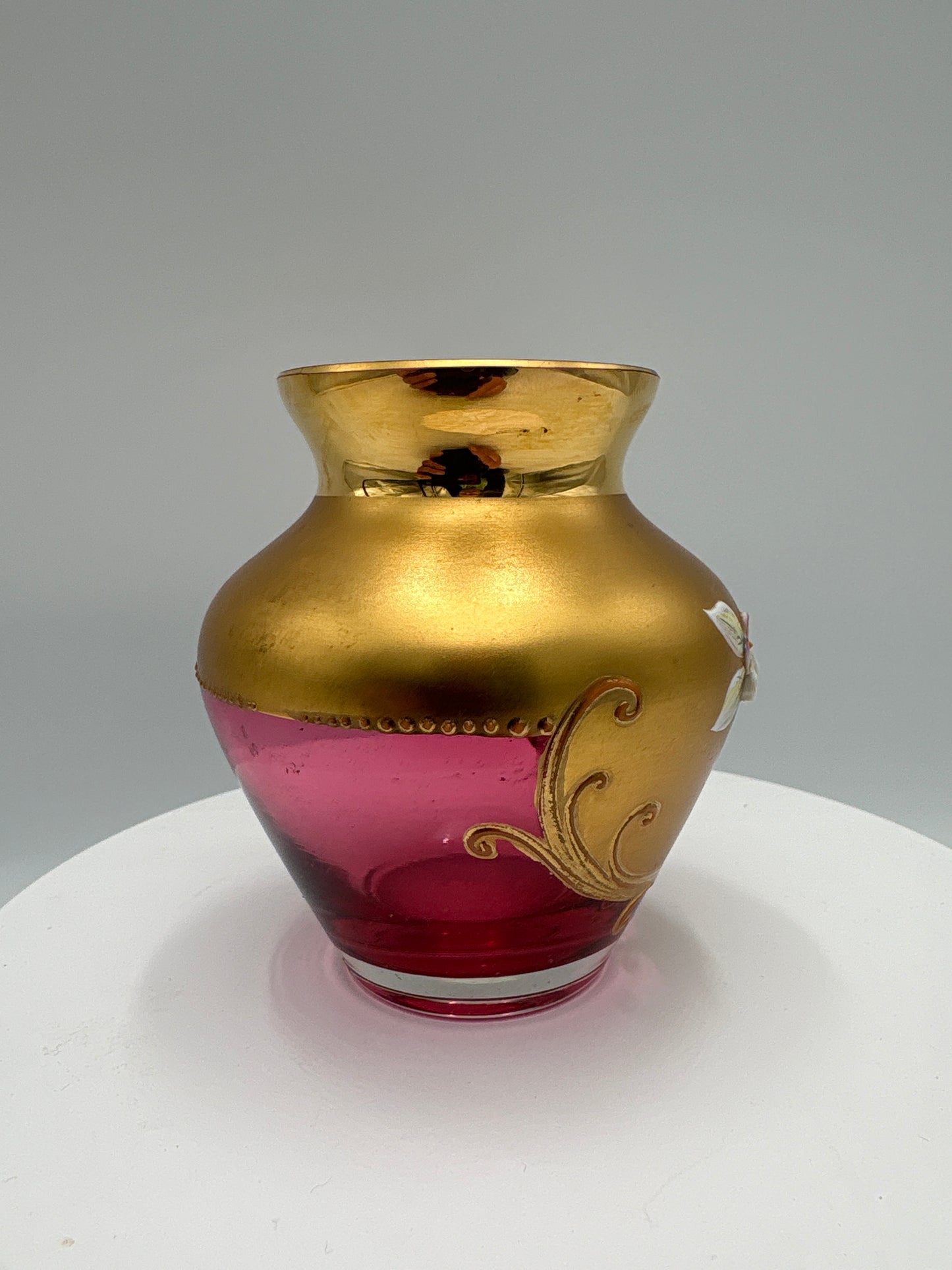 Vintage Bohemia krystal med Guld og Enamel-Vase-"buttet"-rød-8cm